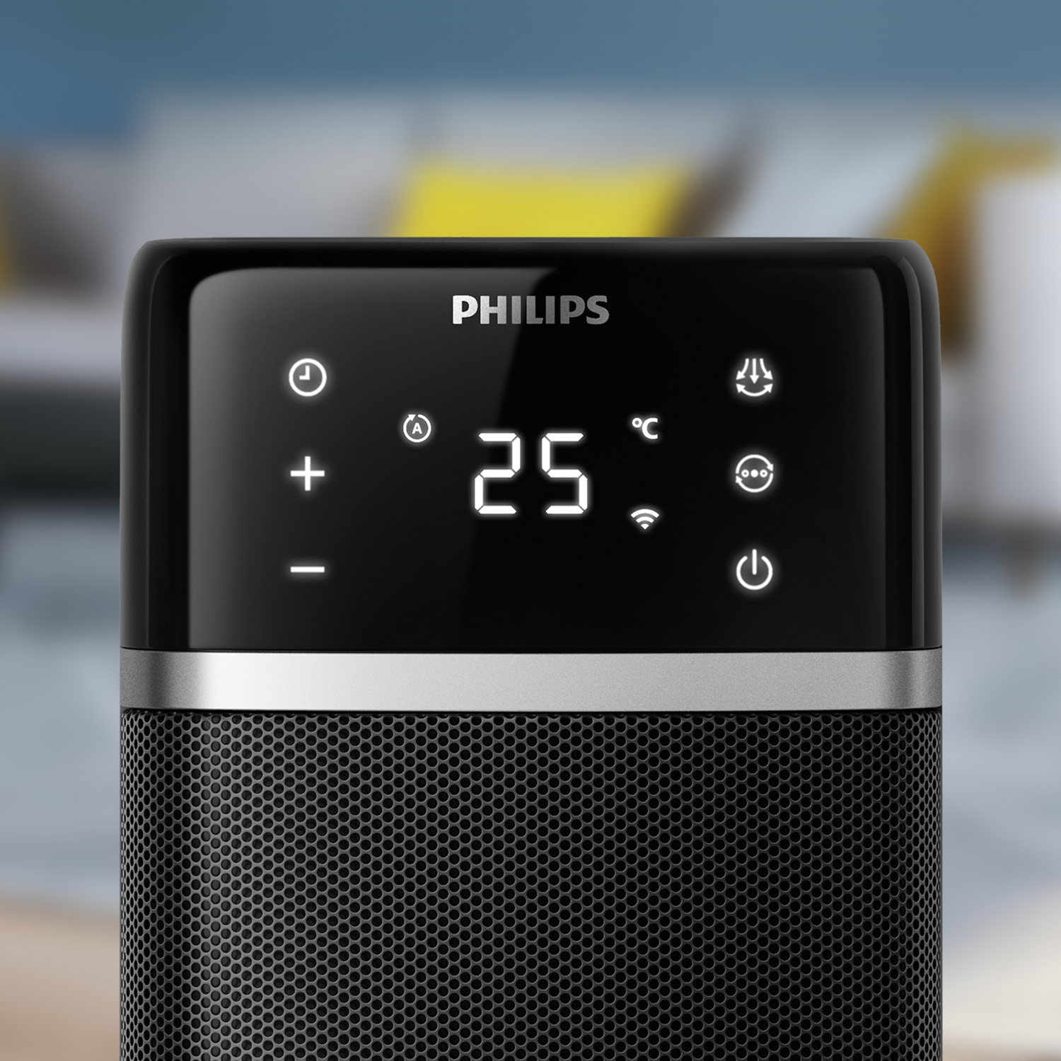Primer plano de un calefactor Philips negro con pantalla digital.