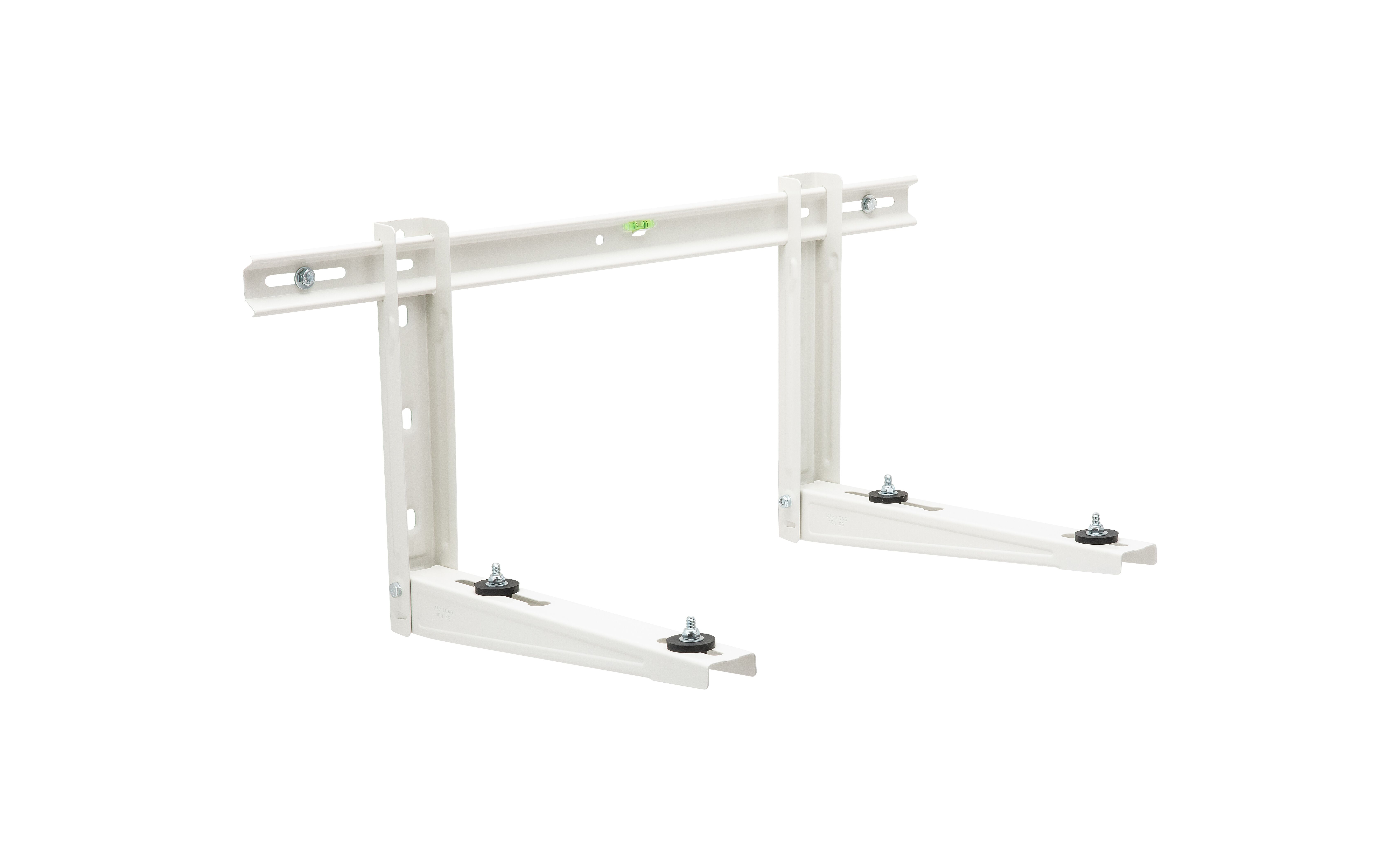 Dwa białe wsporniki do montażu klimatyzacji na białym tle.