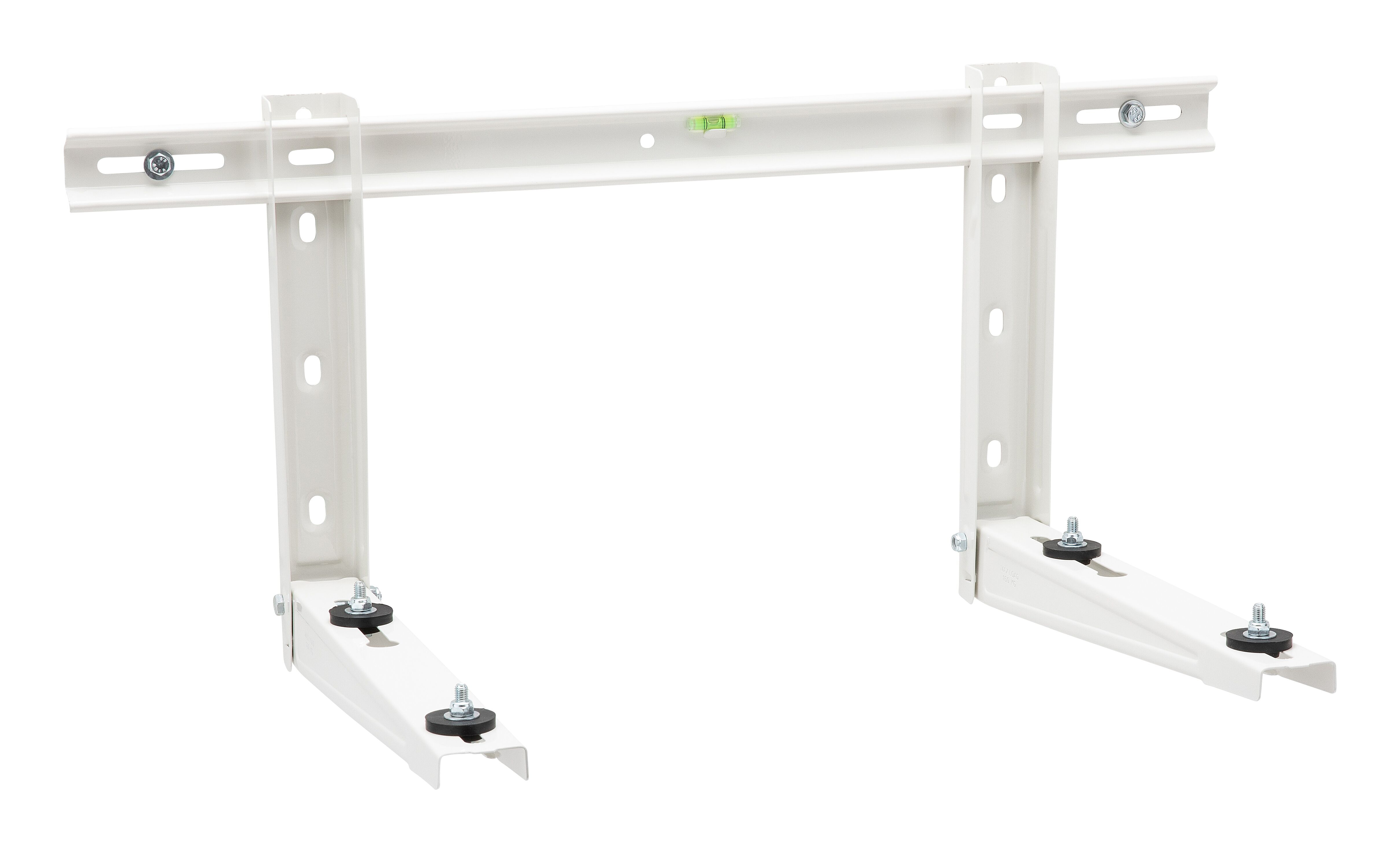 Biały metalowy wspornik z osprzętem montażowym, poziomicą i białym tłem.