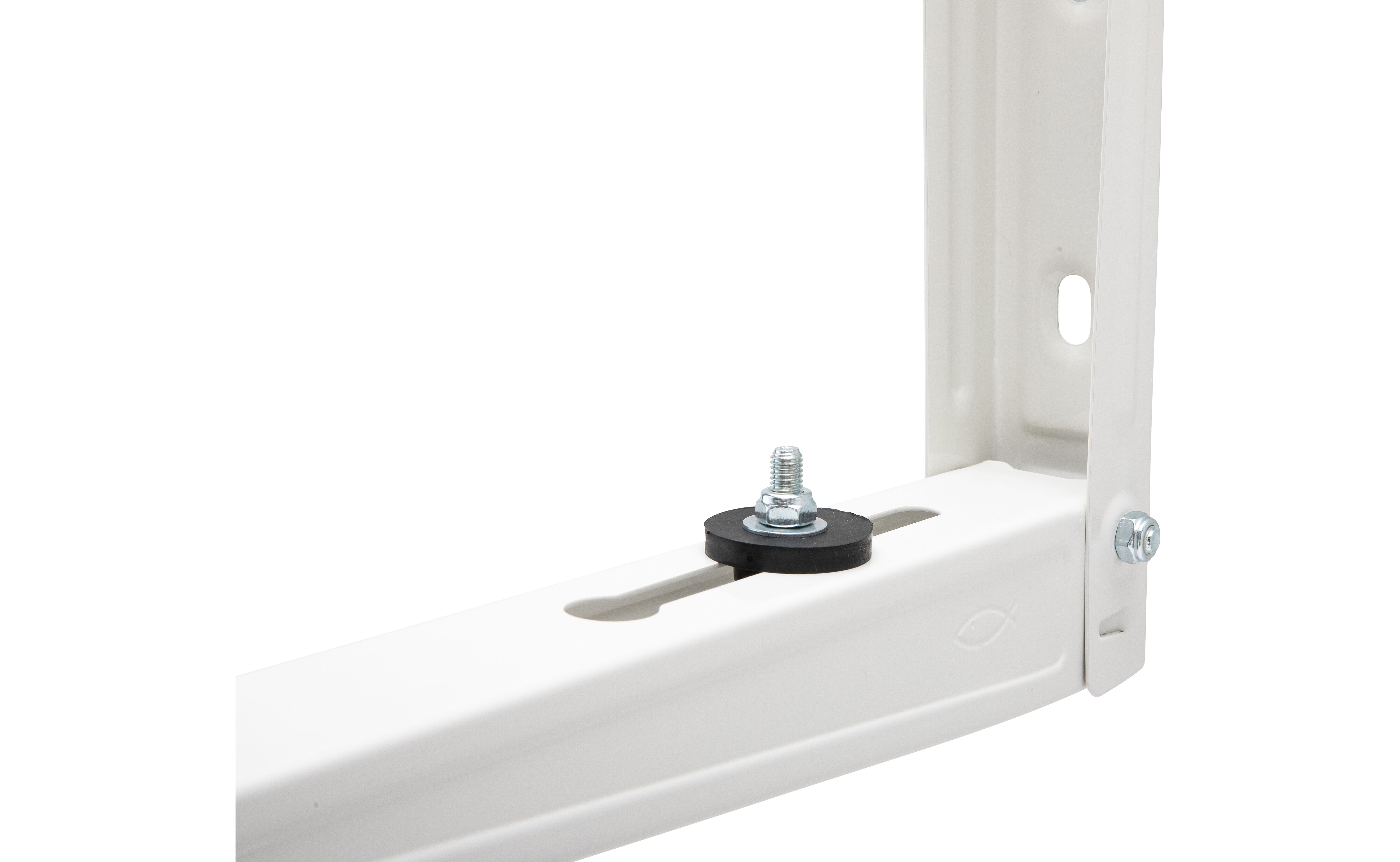 Zbliżenie białego wspornika ze śrubą i czarną gumową podkładką.