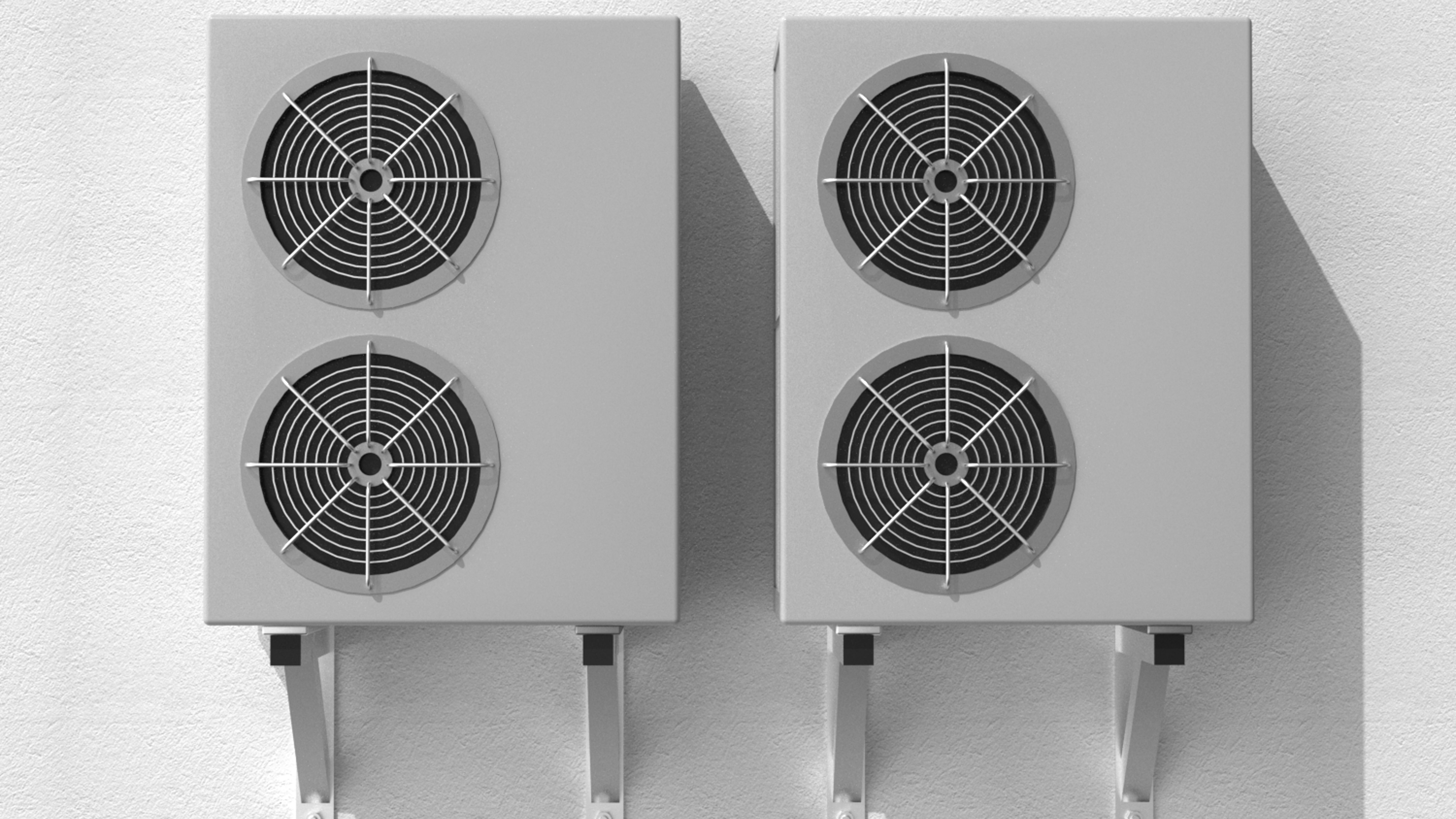 Dwa szare agregaty klimatyzacyjne na białej ścianie.