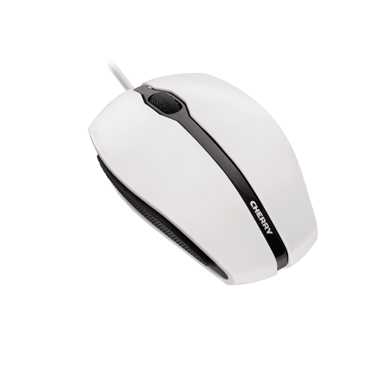 Un ratón de ordenador blanco con una raya horizontal negra y una rueda de desplazamiento. La marca 'CHERRY' es visible.