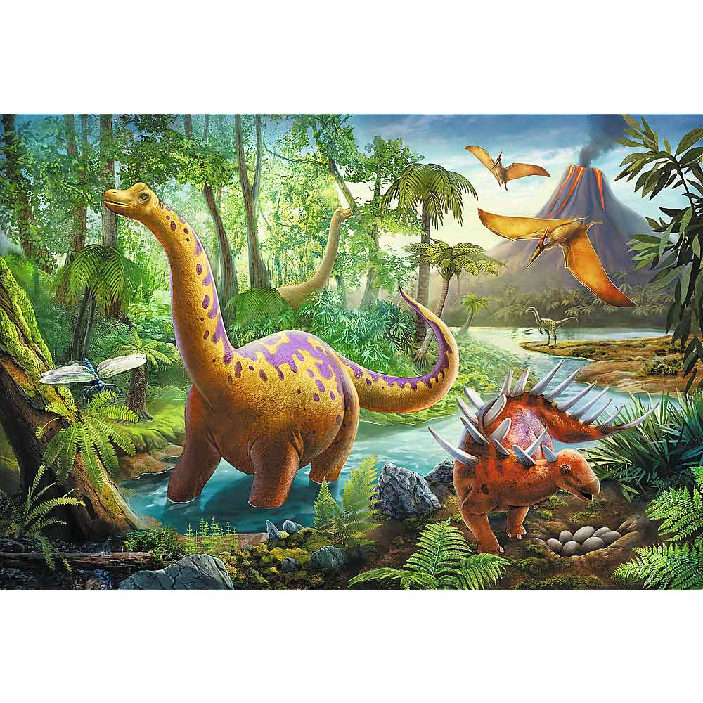 Illustration de dessins animés de dinosaures dans un cadre de jungle préhistorique.