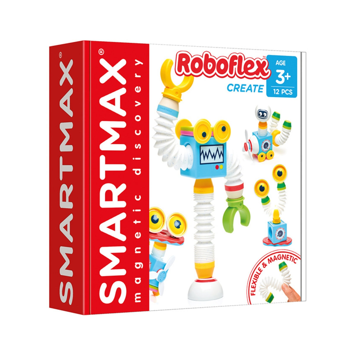 Una scatola di giocattoli RoboFlex con figure di robot sulla confezione. La scatola è rossa e bianca.