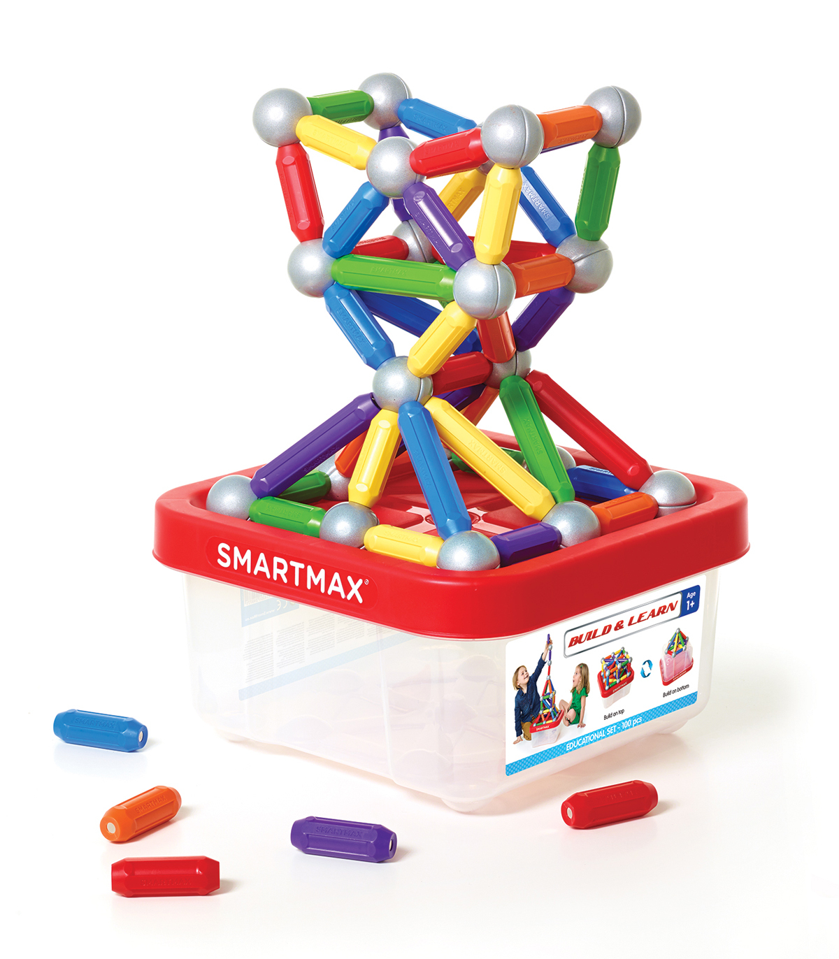 Un set di giocattoli Smartmax con barre e sfere magnetiche colorate in un contenitore trasparente.