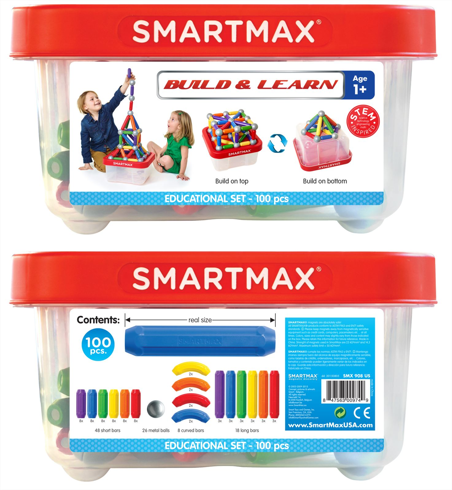 Due scatole di giocattoli educativi Smartmax, una con una torre, l'altra con componenti.