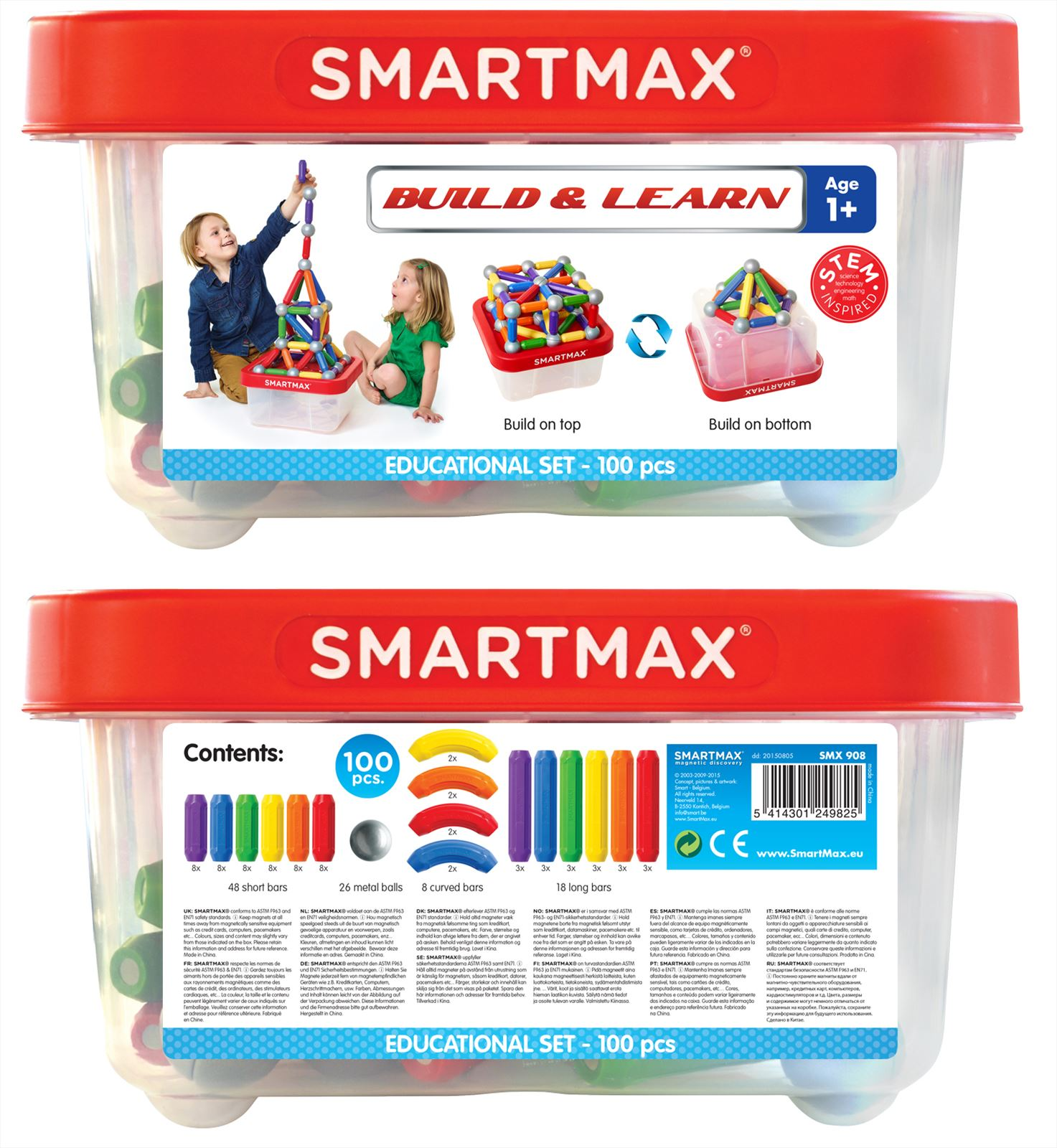 Due contenitori di plastica trasparente con blocchi colorati e etichette.