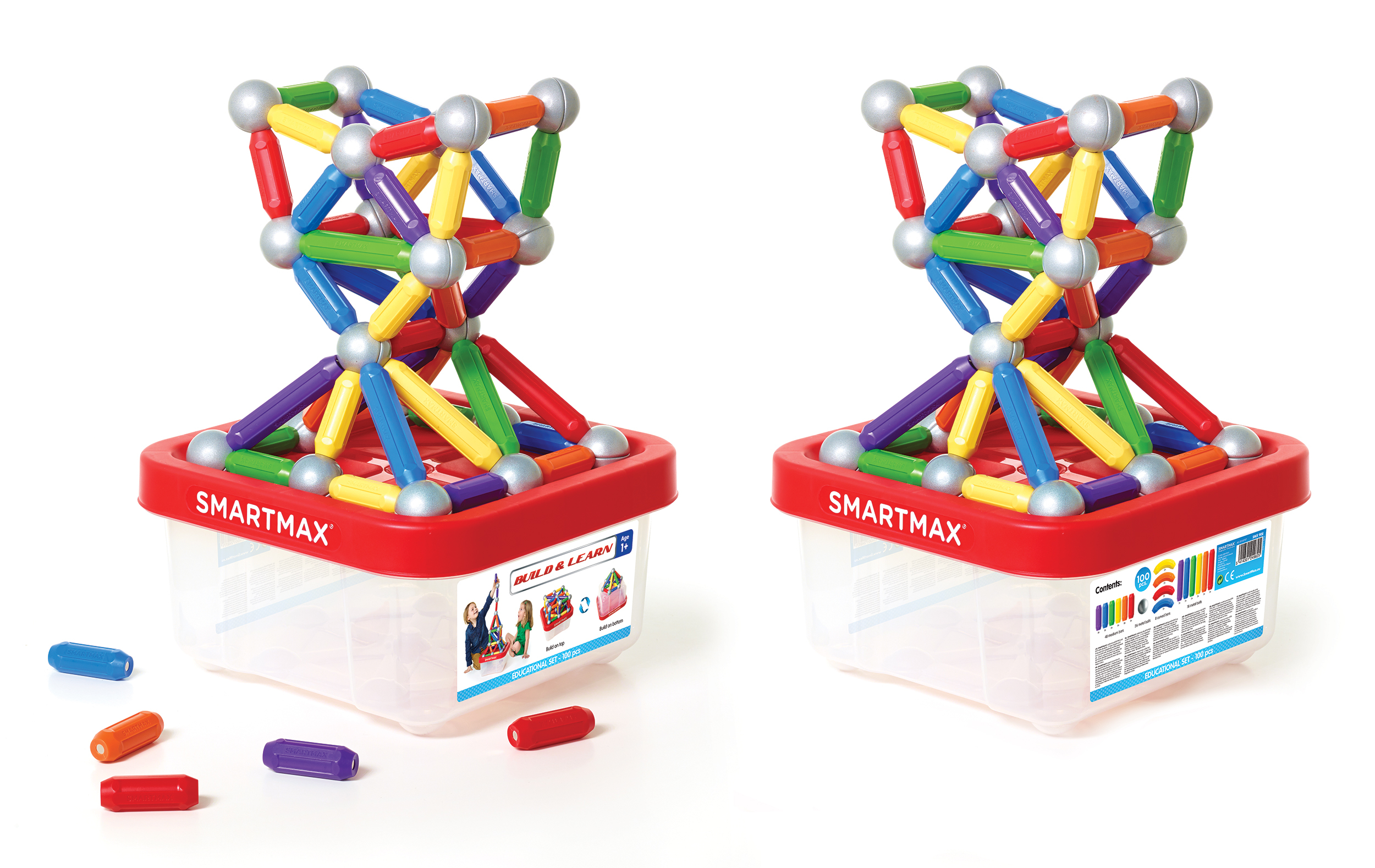 Due set di giocattoli SmartMax. Ognuno ha una base rossa, un contenitore di plastica e barre magnetiche.