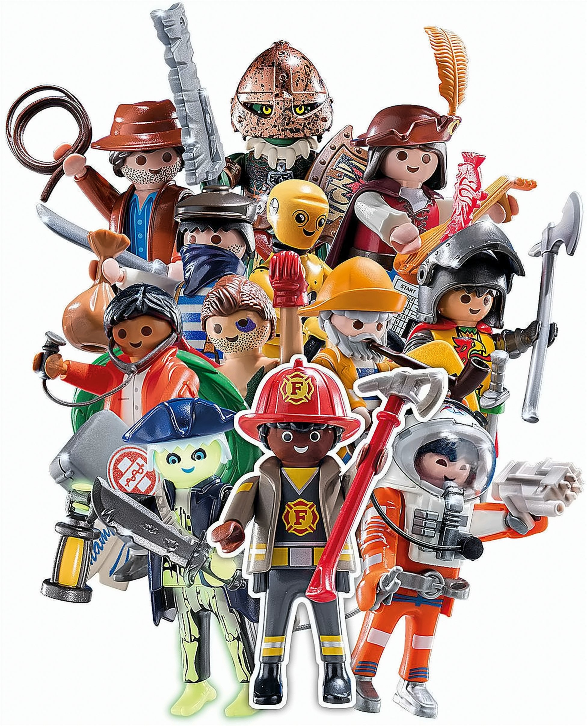 Figuras de Playmobil de varias profesiones, incluyendo un bombero y un astronauta.