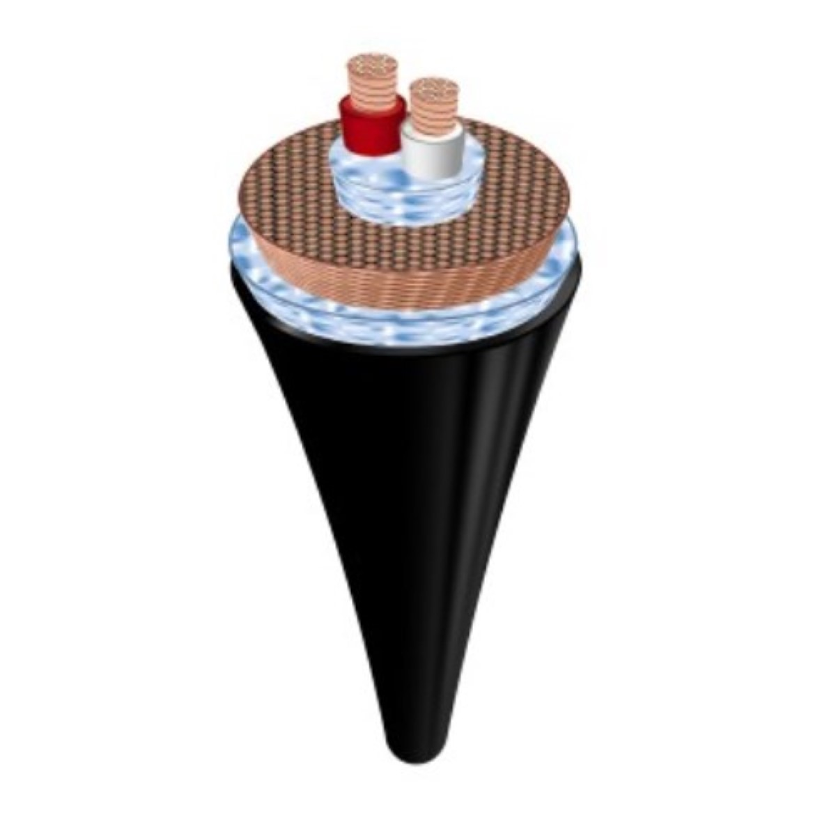 Schnittansicht eines schwarzen isolierten Kabels mit Innenleitungen und Schichten, weißer Hintergrund.