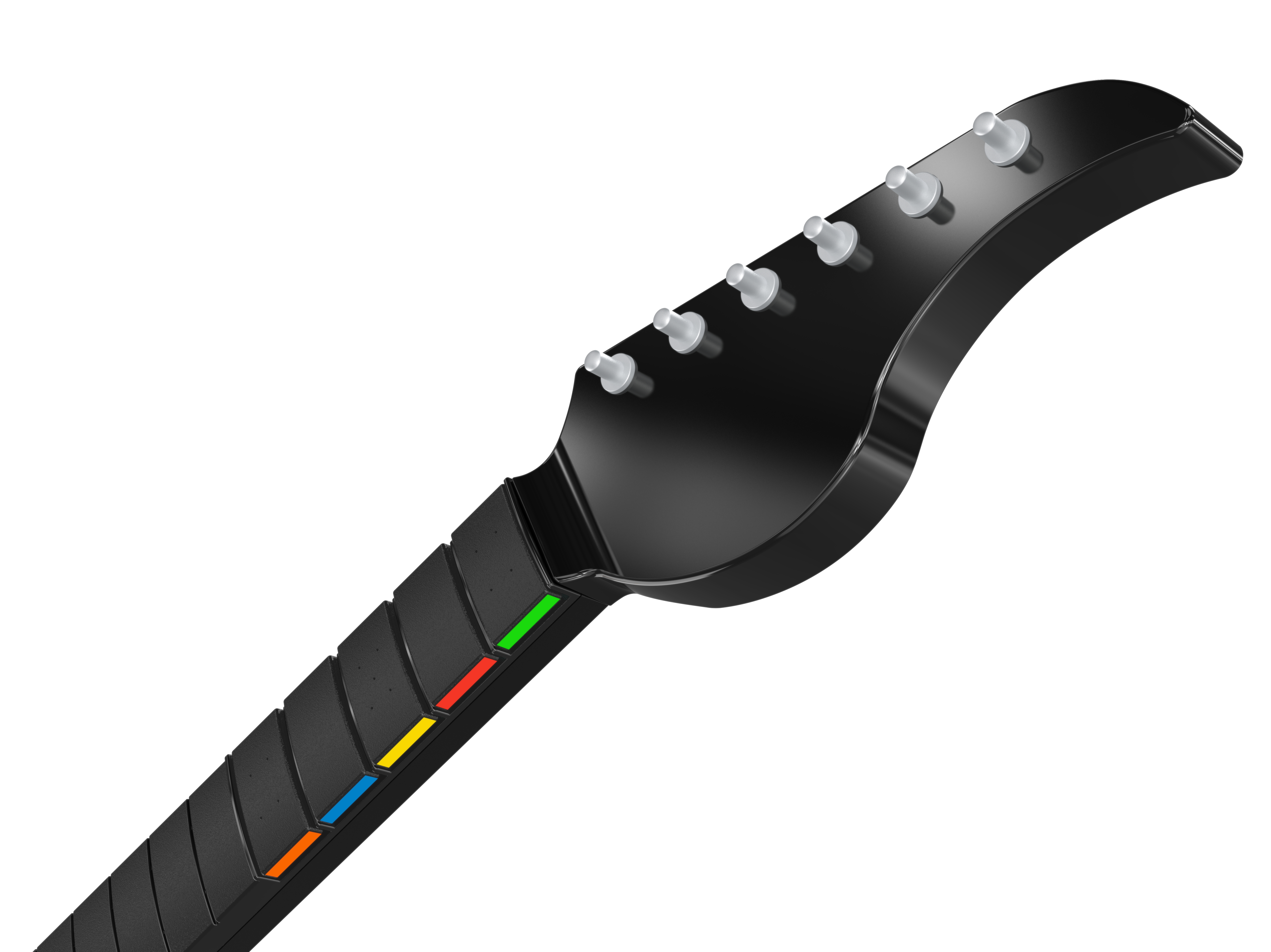 Czarny gryf i główka gitary Guitar Hero. Tło jest białe.