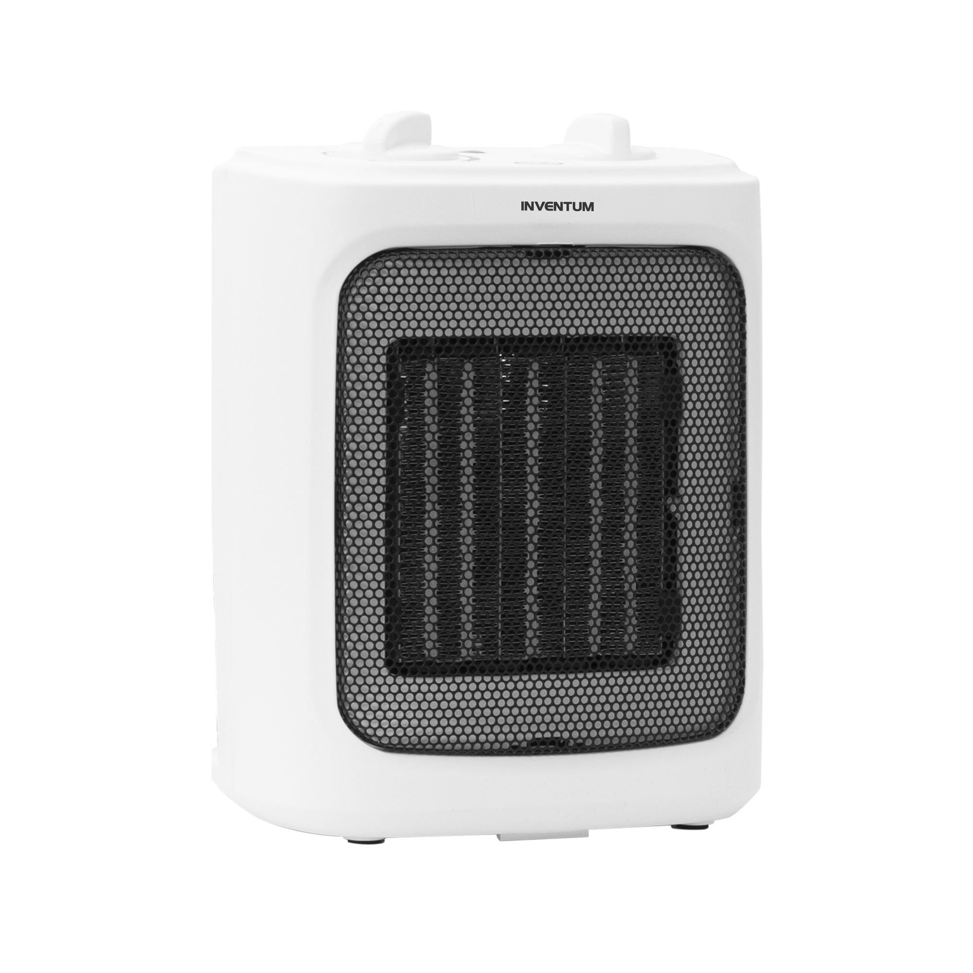 Un calefactor eléctrico blanco con una rejilla frontal negra y la marca 'Inventum' en la parte superior.