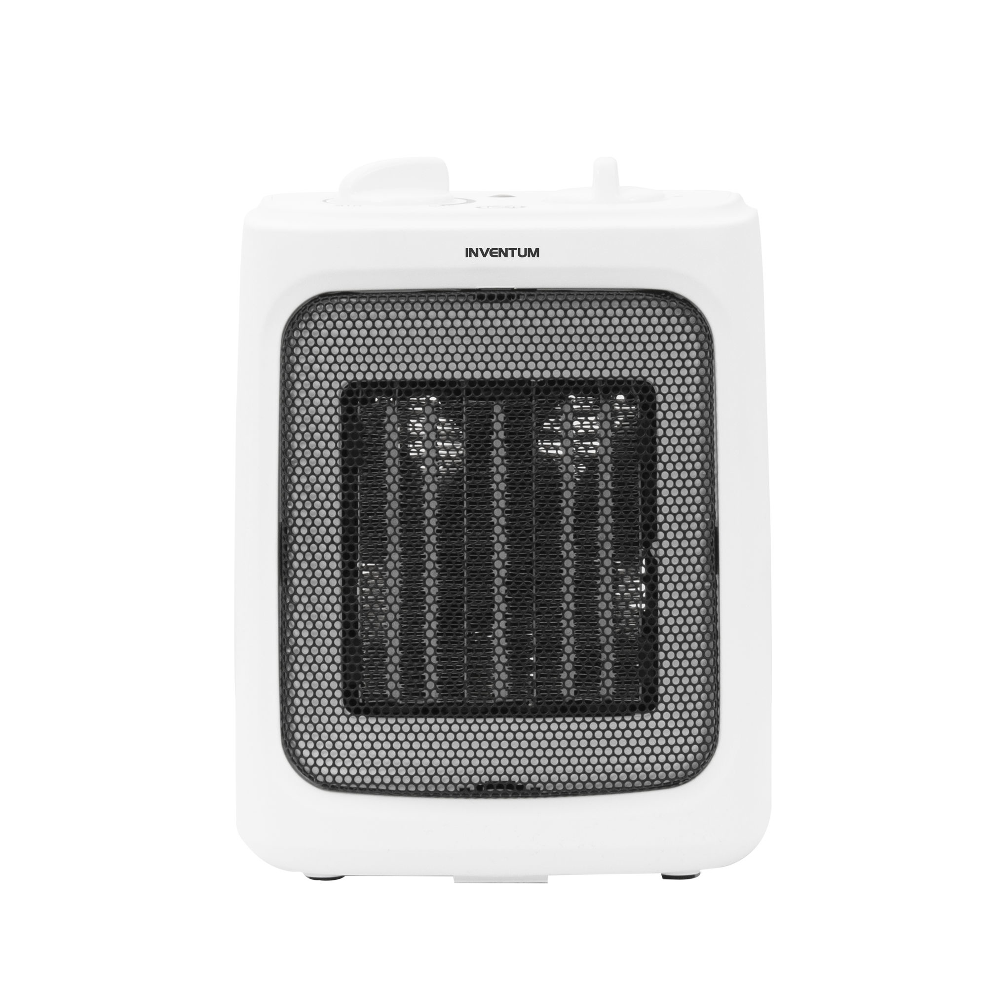 Un calefactor blanco con una rejilla frontal negra, un diseño simple y limpio.