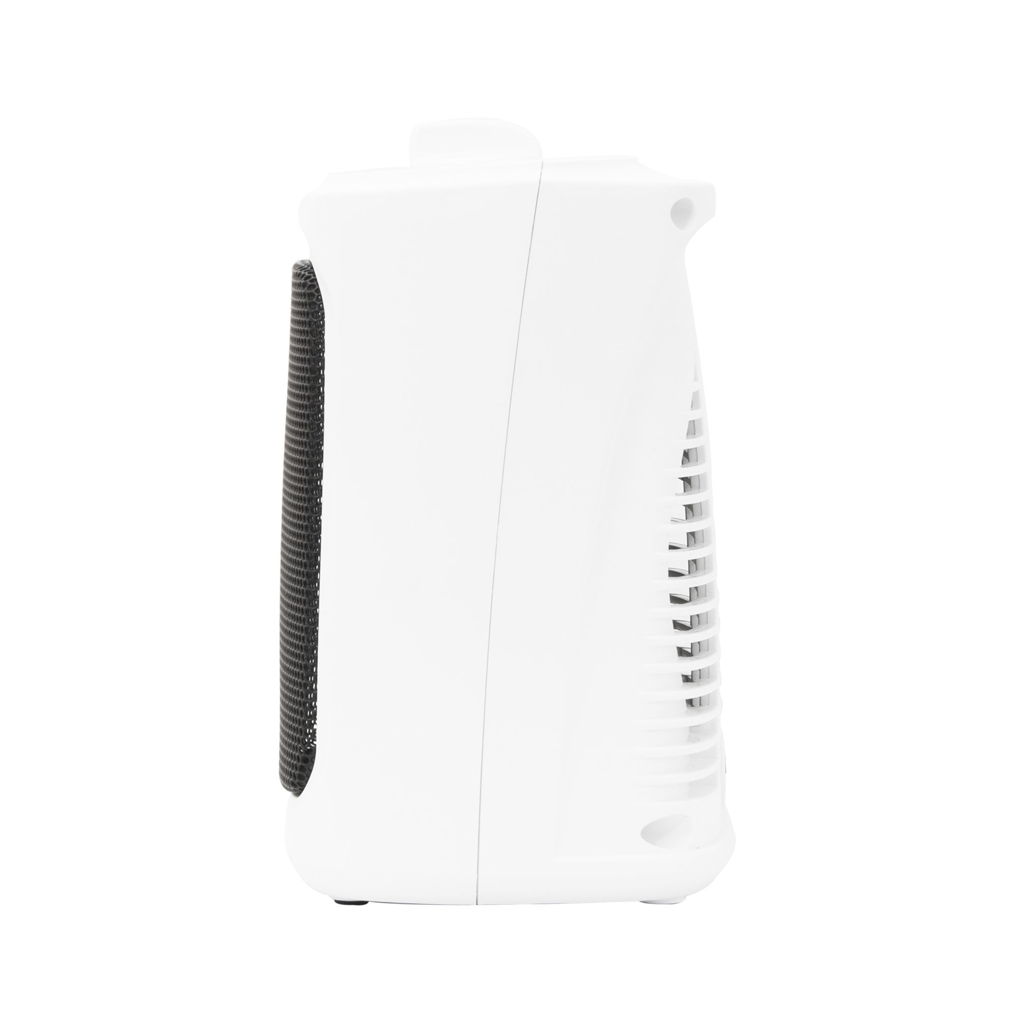 Un calefactor eléctrico blanco con una rejilla frontal negra y una vista lateral.