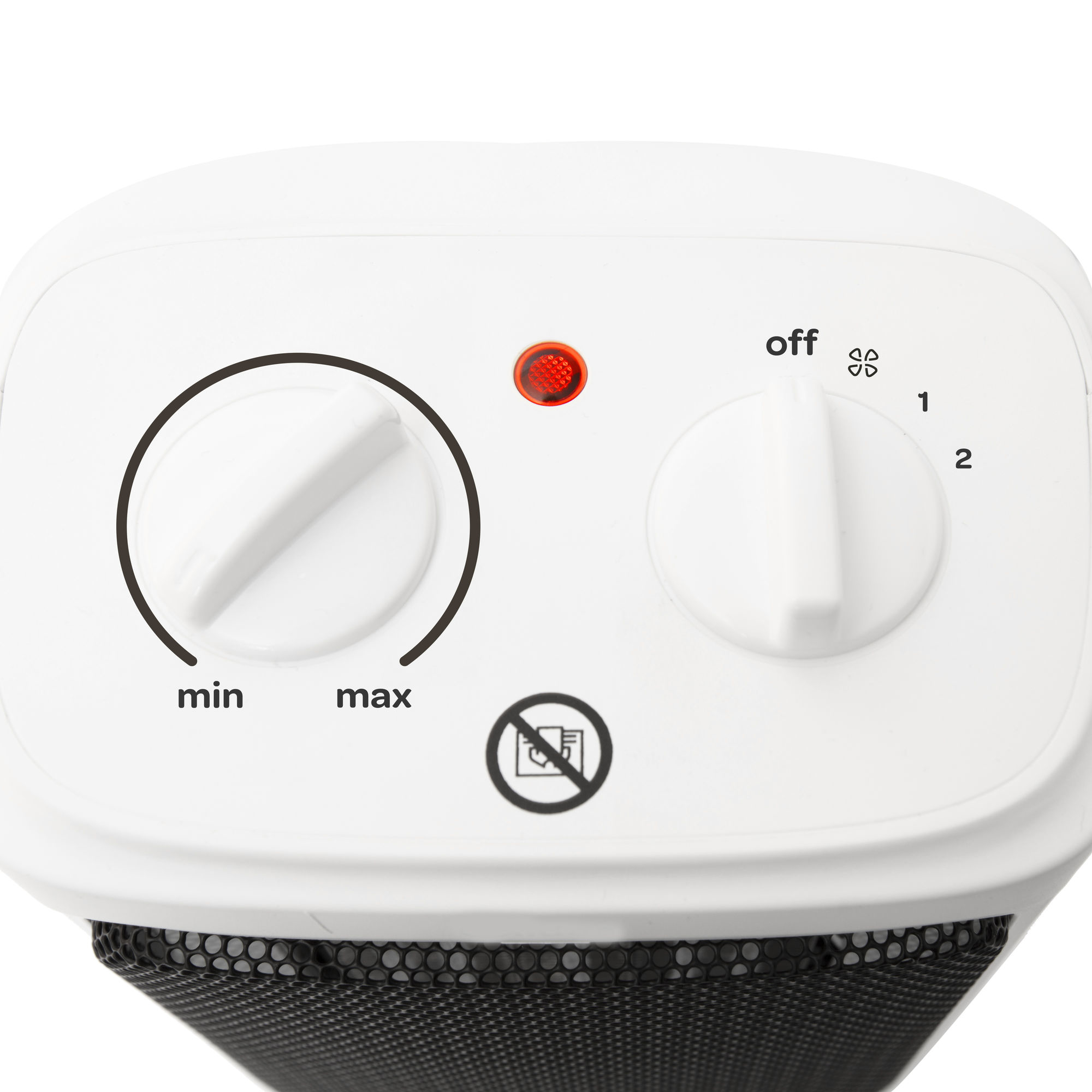 Primer plano de los controles de un calefactor. Una luz roja y diales para la potencia y la temperatura.