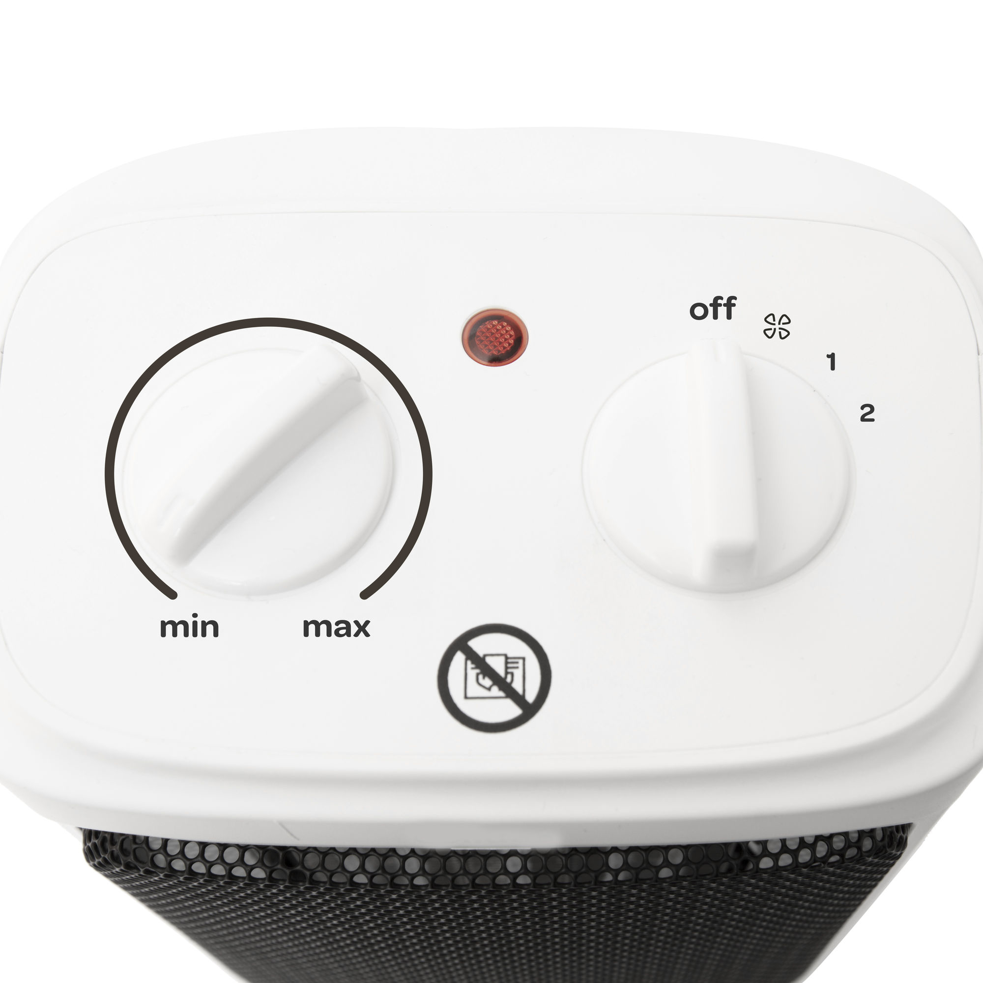 Panel de control de calefactor blanco. Perillas para calor min/max y velocidad del ventilador. Luz roja.