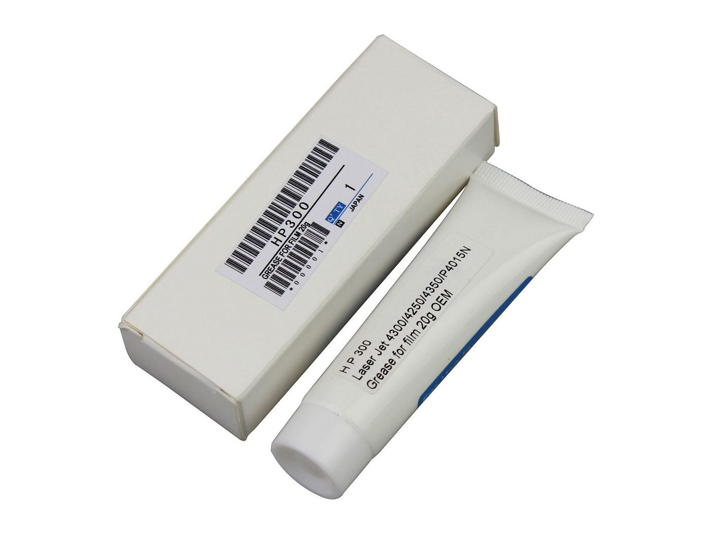 Białe pudełko i tubka smaru HP 300. Pudełko ma kod kreskowy i tekst, tubka ma tekst i jest otwarta.
