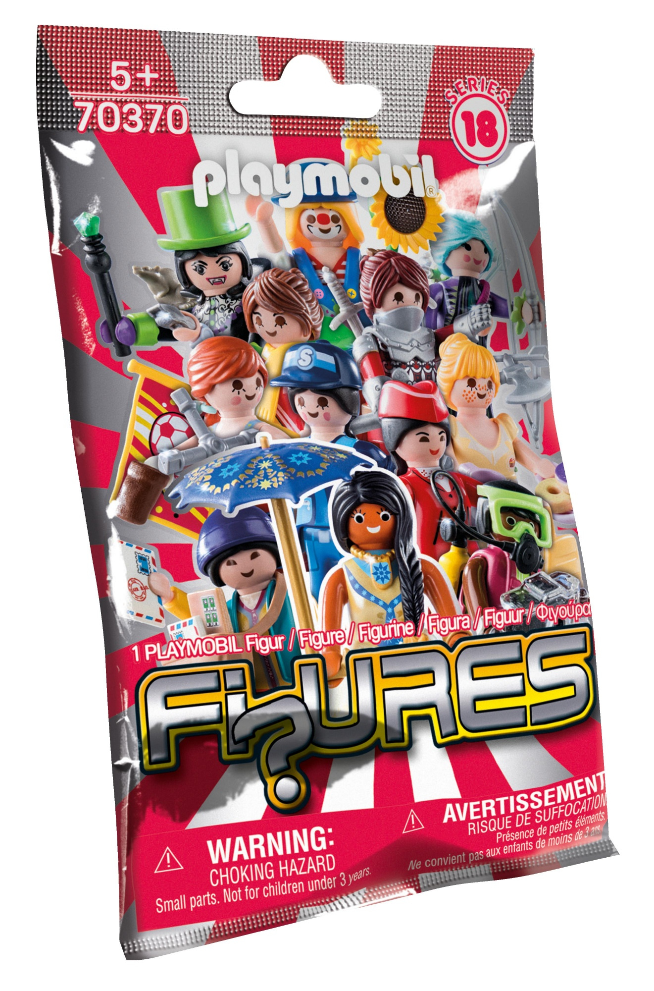 Bolsa de figuras Playmobil serie 18, con varios personajes y la palabra 'FIGURES' en plata.