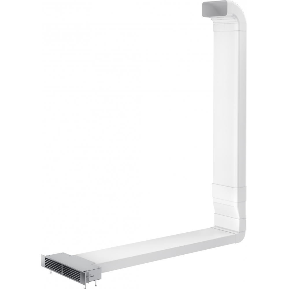 Biały, prostokątny przewód wentylacyjny. W kształcie litery L z prostokątnym otworem wentylacyjnym na dole.