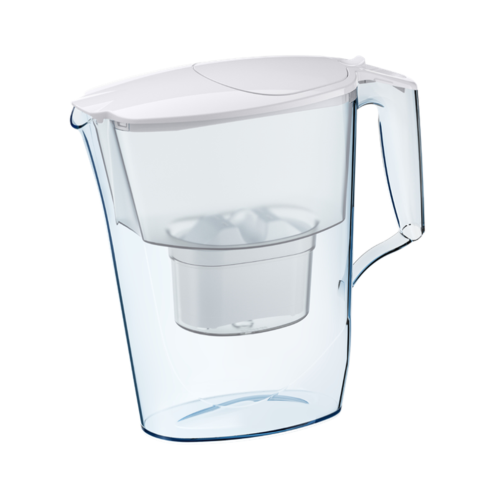Klarer Wasserfilter-Krug mit weißem Deckel und Griff.