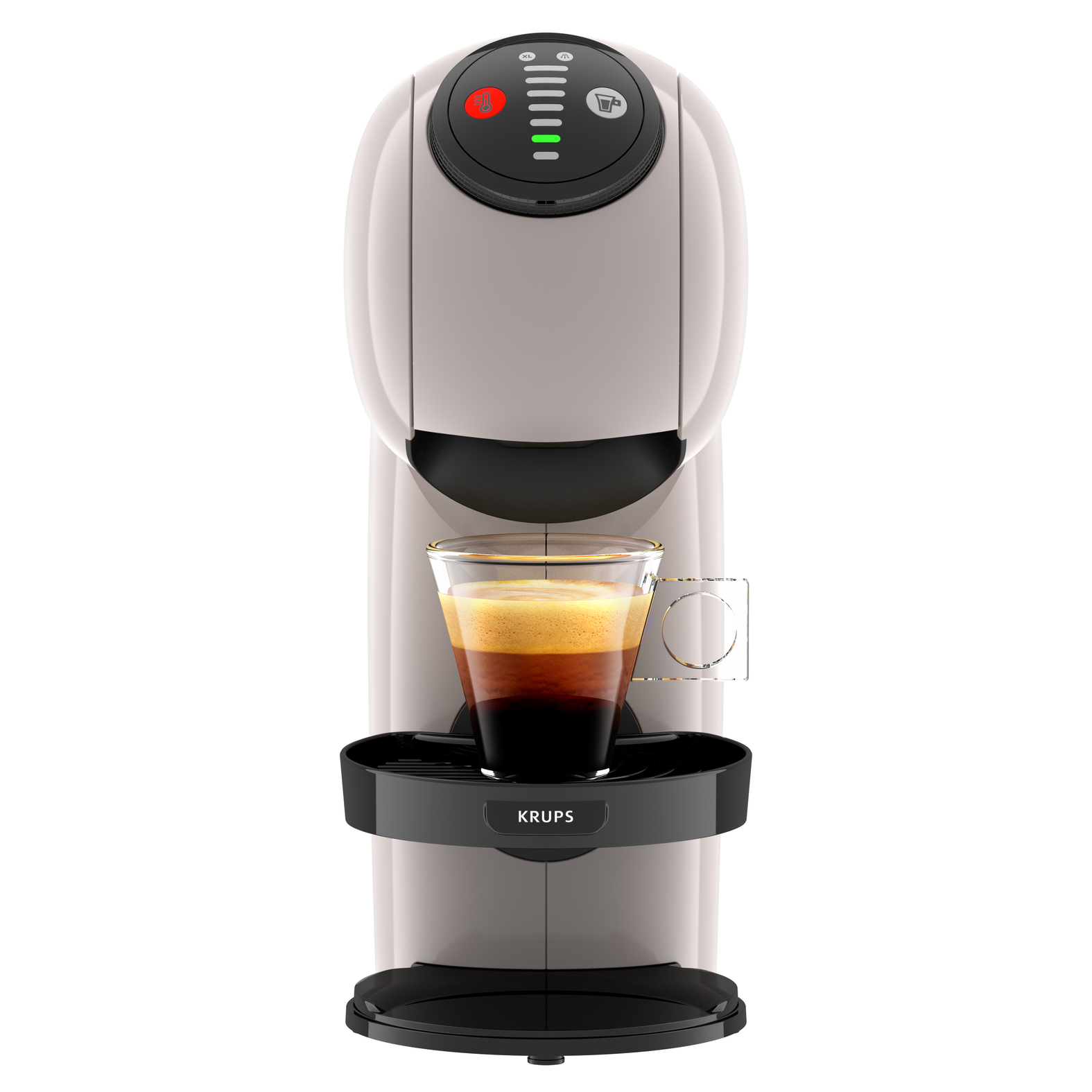 Cremefarbene Krups-Kaffeemaschine mit einem Glas Kaffee. Schwarzes Tablett unten.