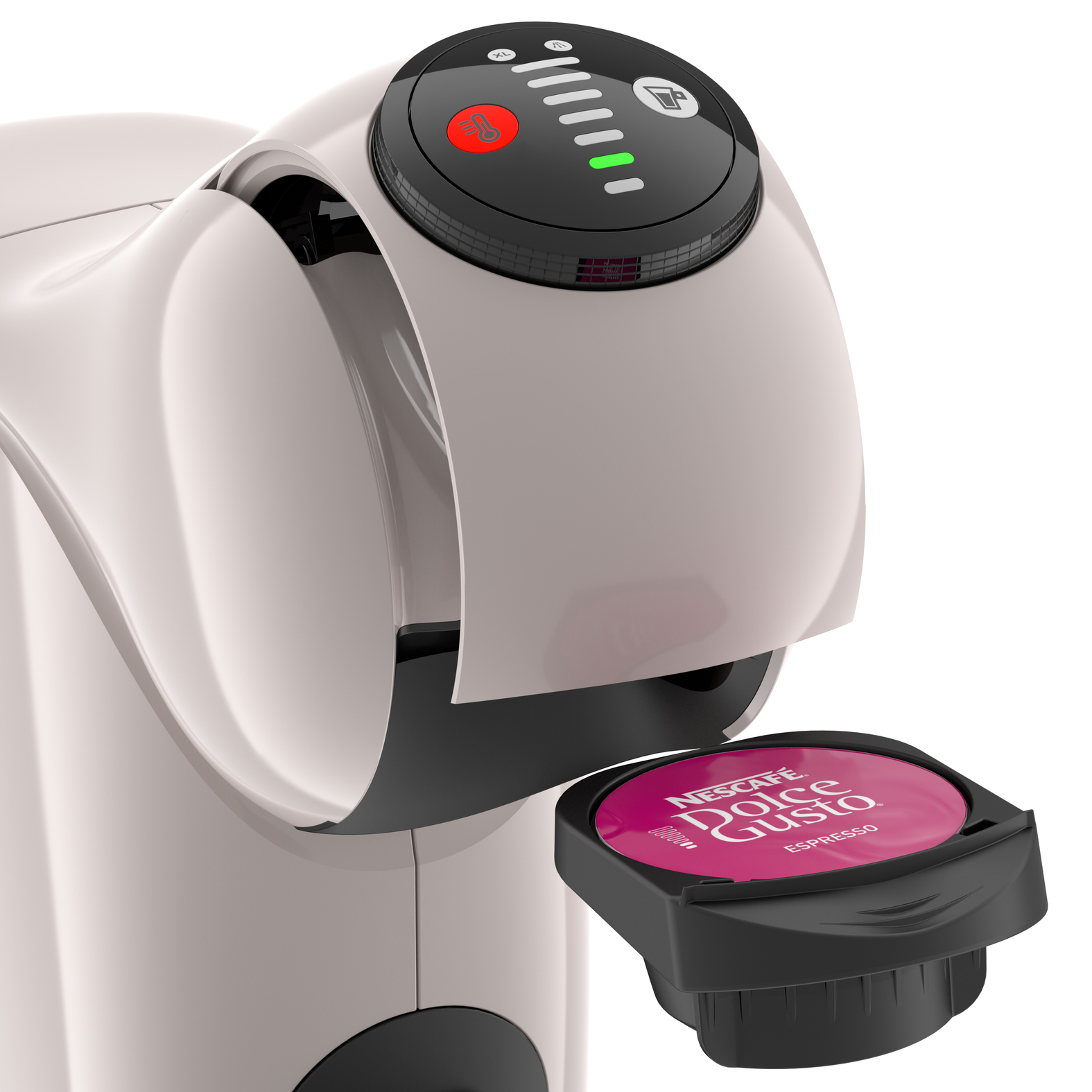Nahaufnahme der Krups-Kaffeemaschine mit geöffnetem Kapselbehälter, der eine rosa Kapsel zeigt.