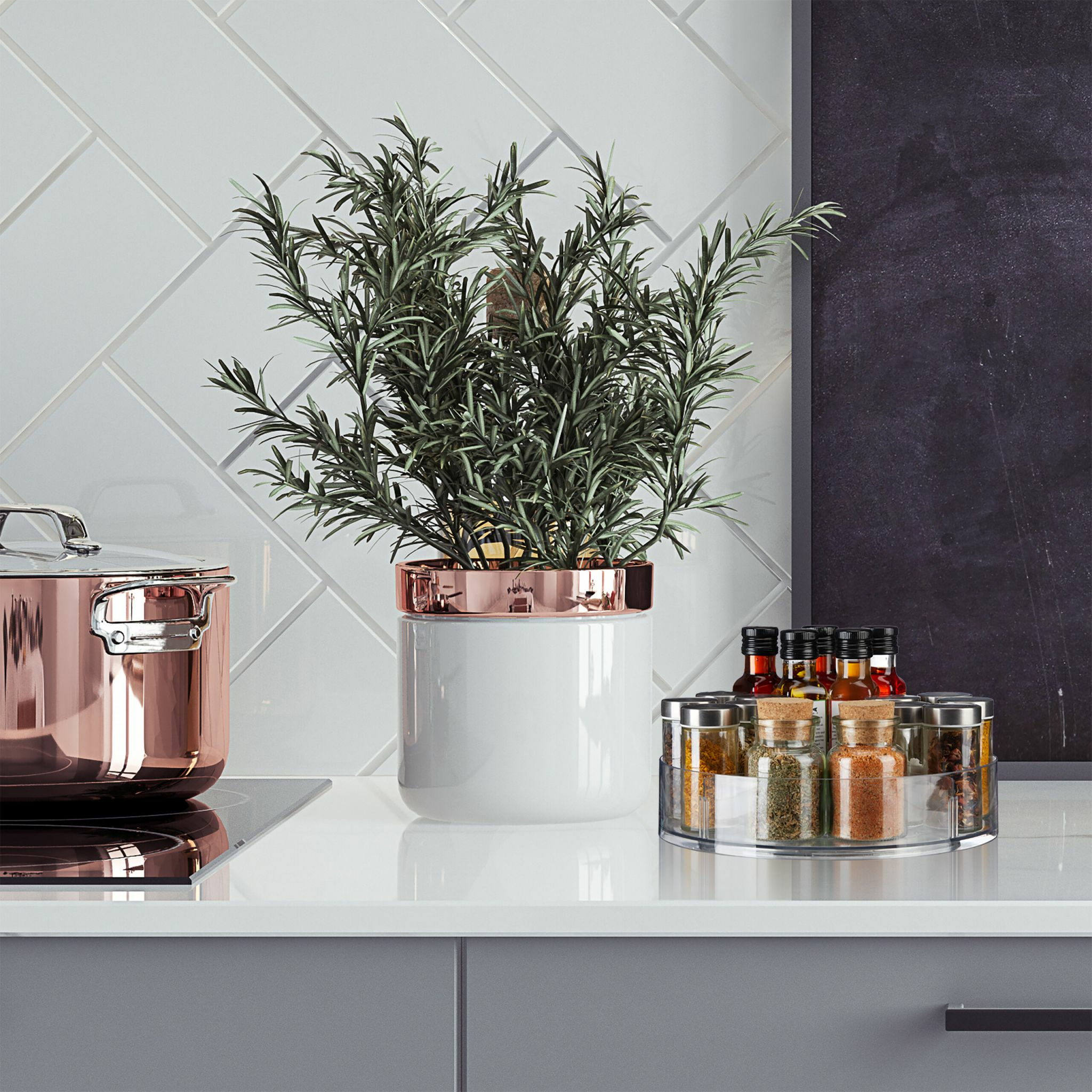 Scène de cuisine avec une plante, des épices et une casserole sur un comptoir. Fond blanc.