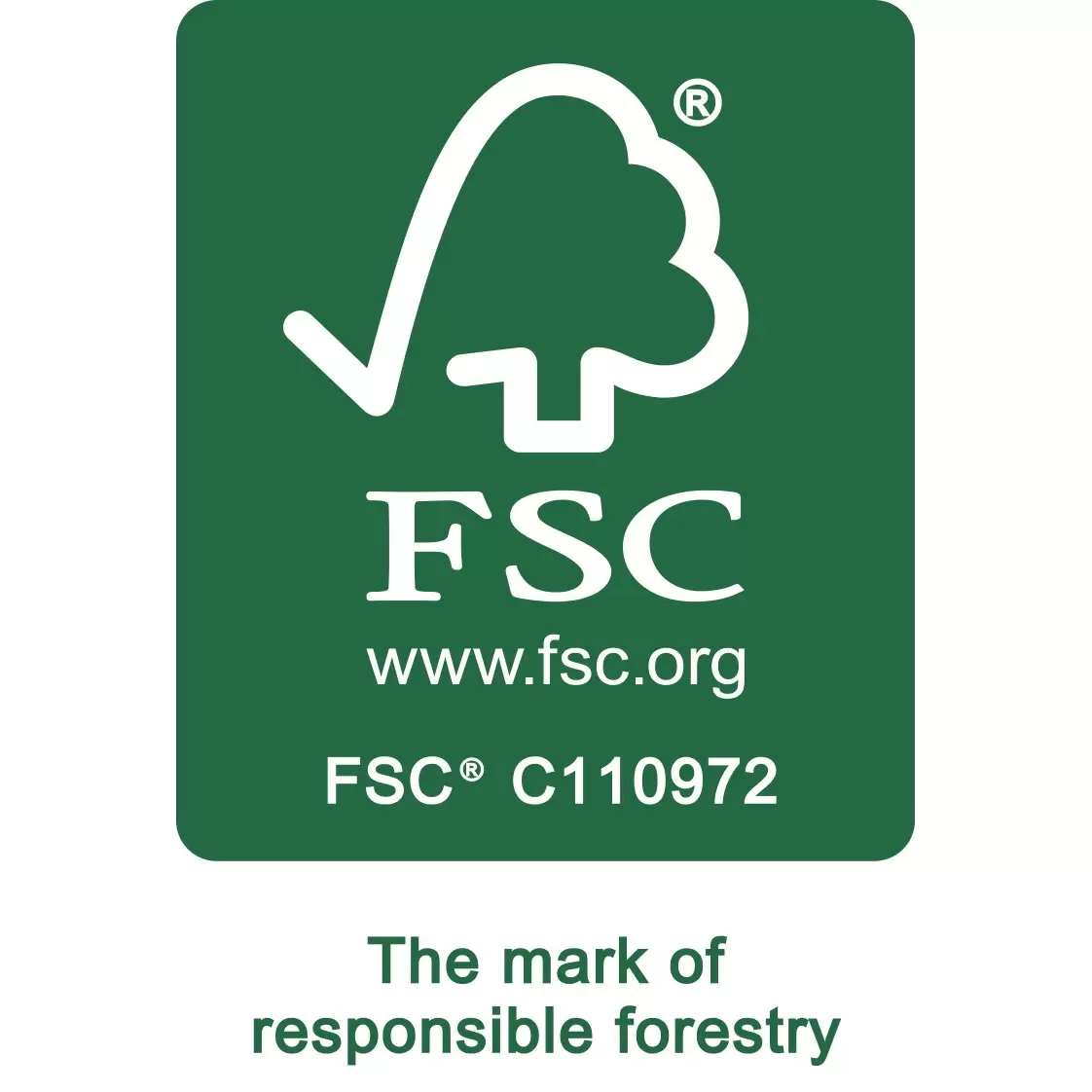 Logo certyfikowane przez FSC. Zielone tło z białym tekstem i drzewem. Tekst: 'FSC'.