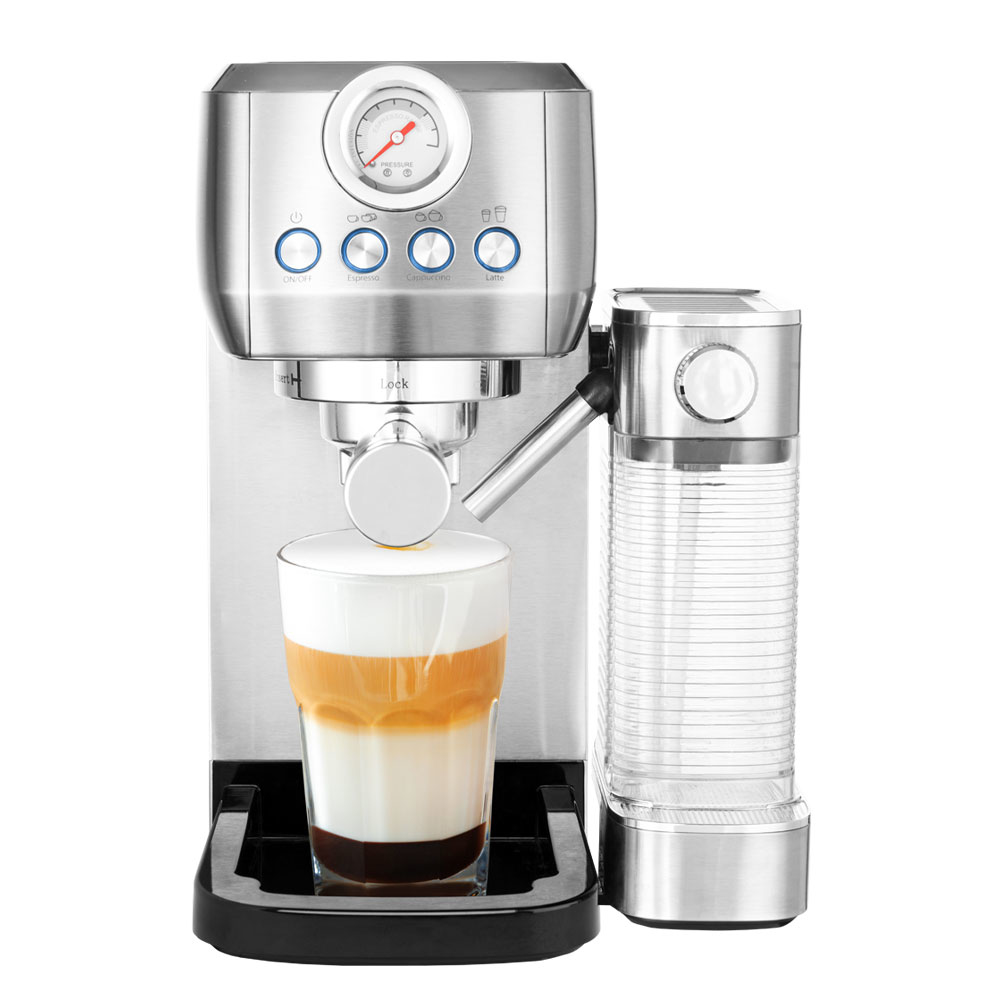 Ekspres do espresso ze stali nierdzewnej z latte, widoczny manometr. Czarna podstawa.