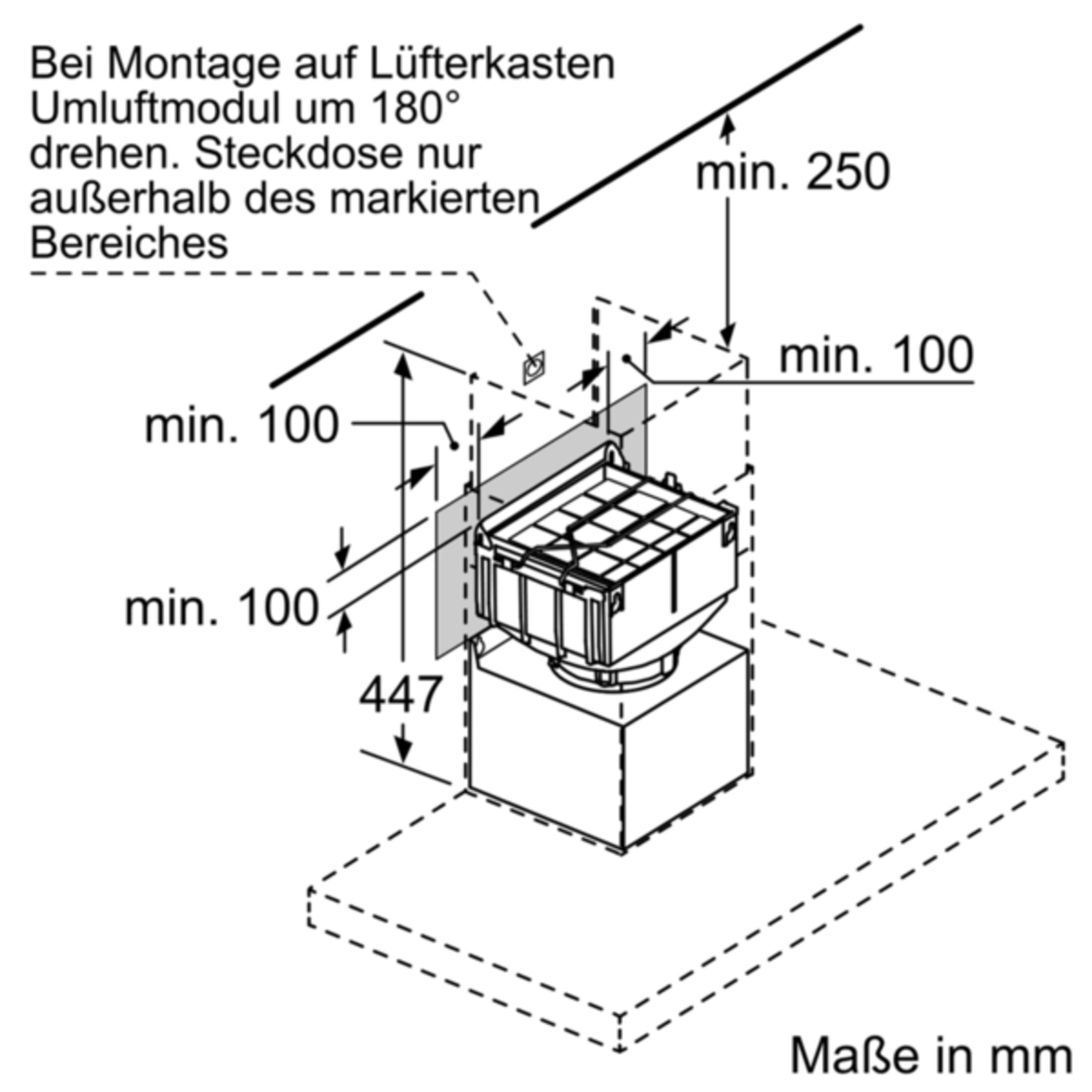 Technische Zeichnung einer Geräteinstallation mit Maßen.