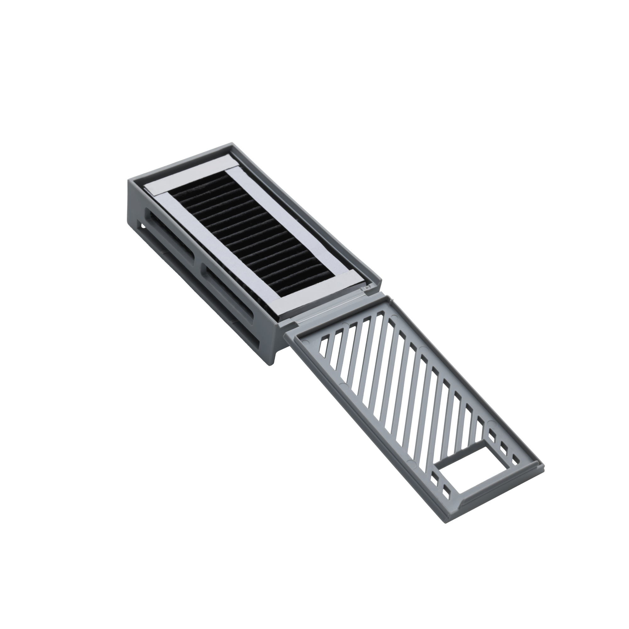 Szary filtr powietrza z otwartą sekcją, pokazujący czarne, żebrowane wnętrze filtra.