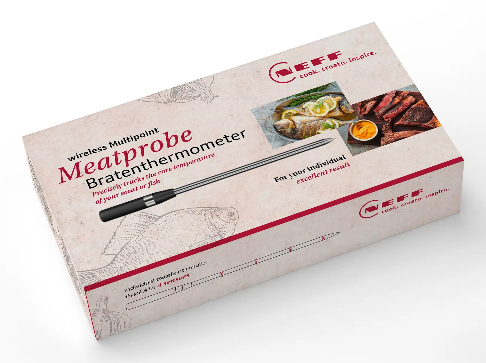 Box mit Fleischthermometer-Illustration und Text.