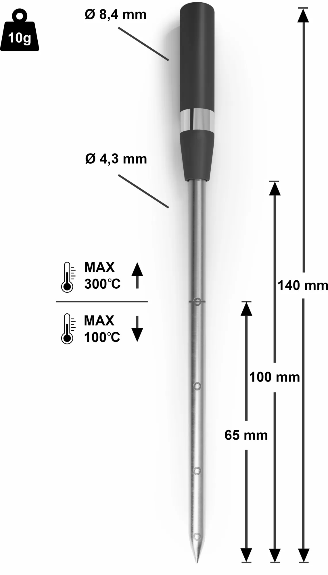 Ein Stahlthermometer mit schwarzem Griff. Die Länge ist mit Abmessungen und einem Temperaturbereich gekennzeichnet.