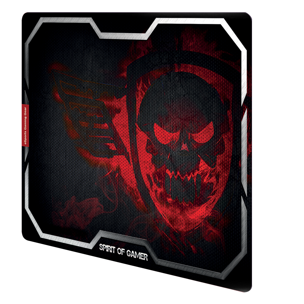 Tappetino per mouse da gioco nero con un teschio. Colori rosso e nero. Bordo metallico.