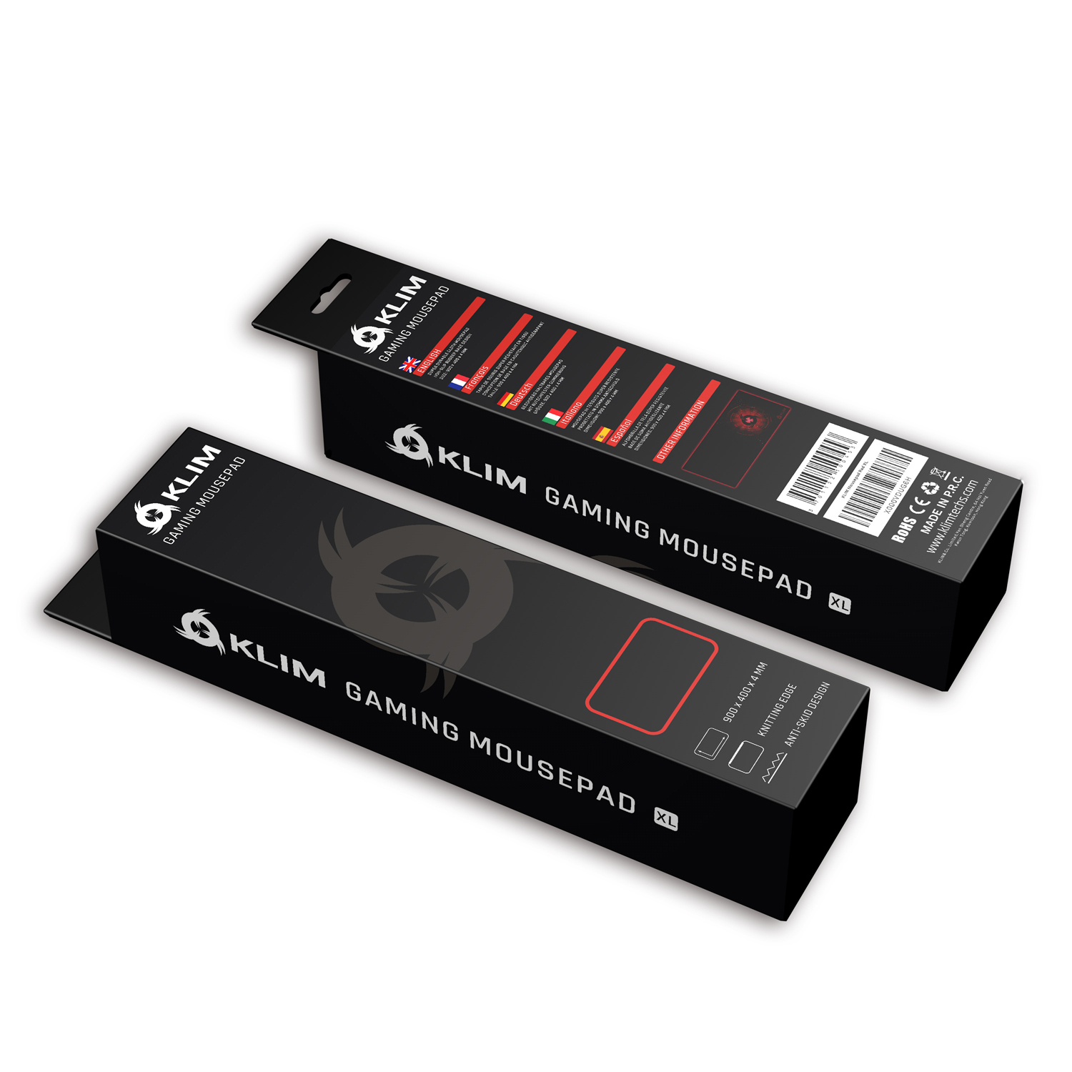 Zwei schwarze und rote Klim Gaming-Mauspad-Boxen. Sie sind auf weißem Hintergrund.