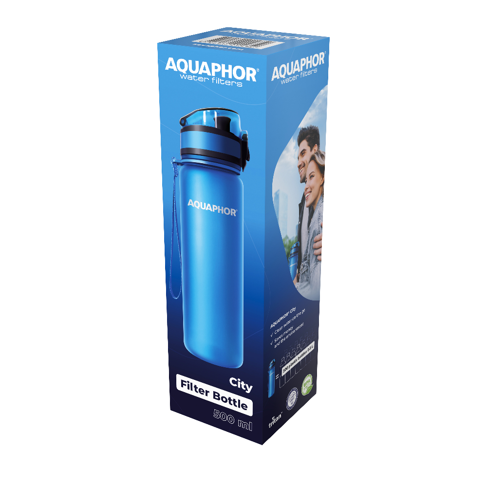 Blaue Wasserflasche in einer Box mit Personenillustration.