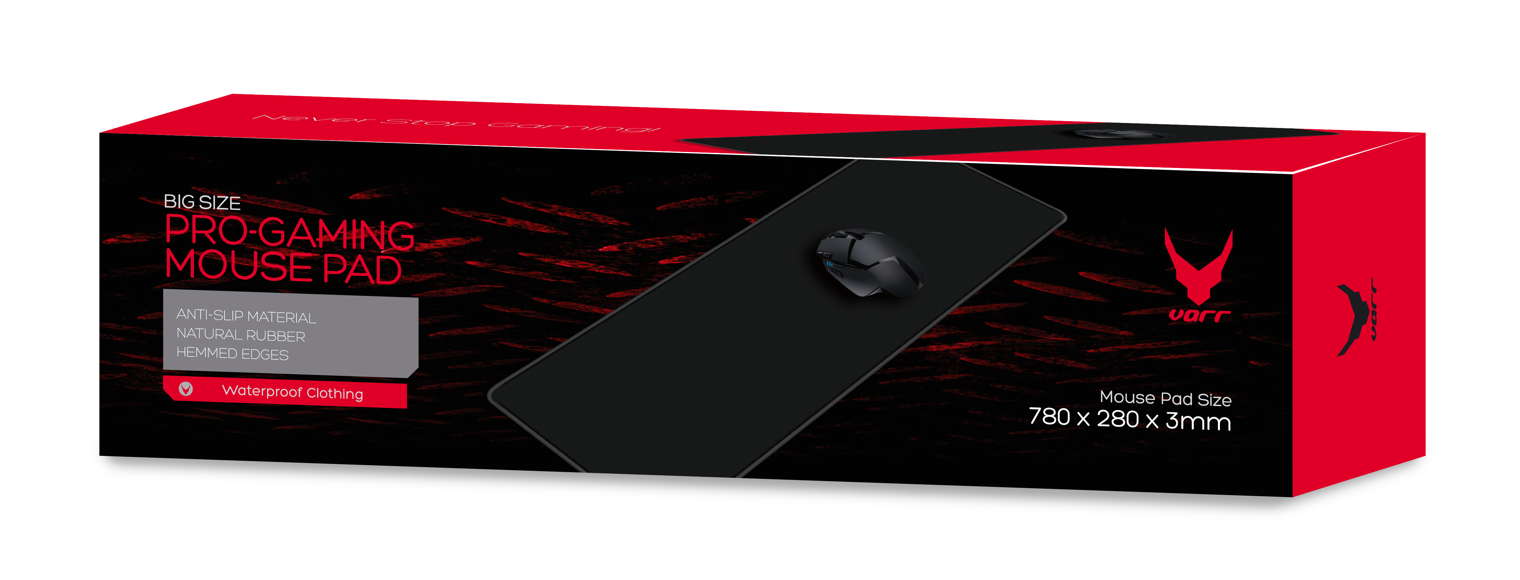 Tappetino nero con mouse e scatola rossa con testo.