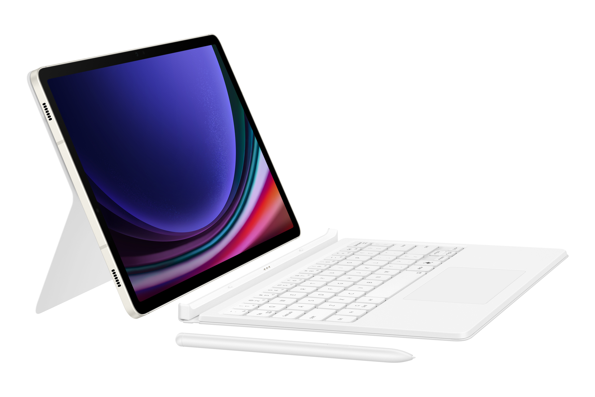 Tablet bianco con tastiera e stilo, su sfondo bianco.