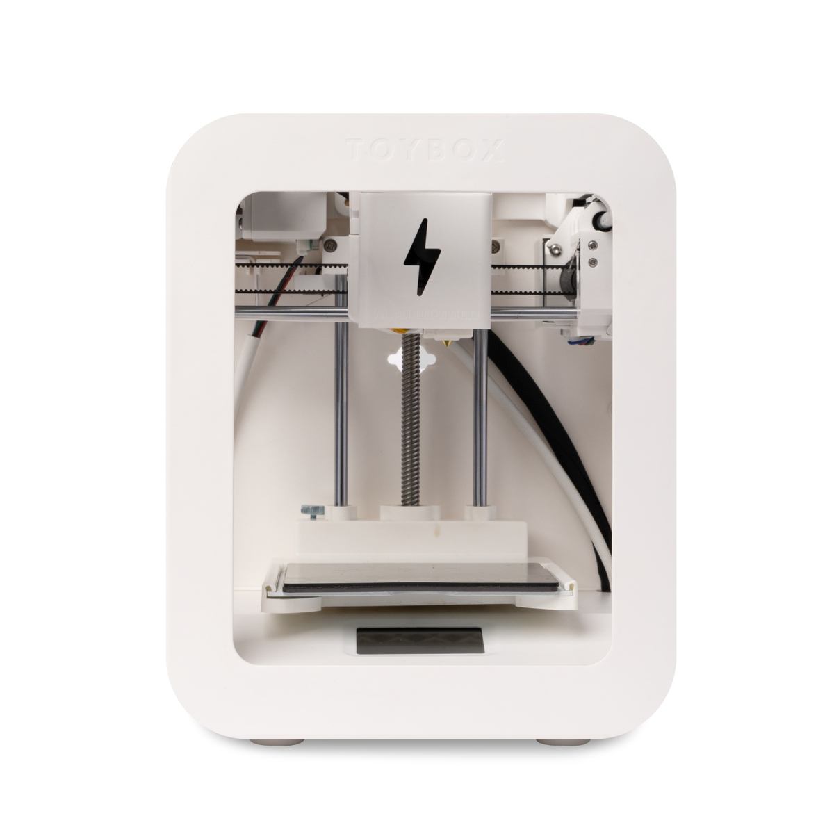 Stampante 3D Toybox bianca con parte anteriore aperta e logo fulmine. Sfondo bianco.