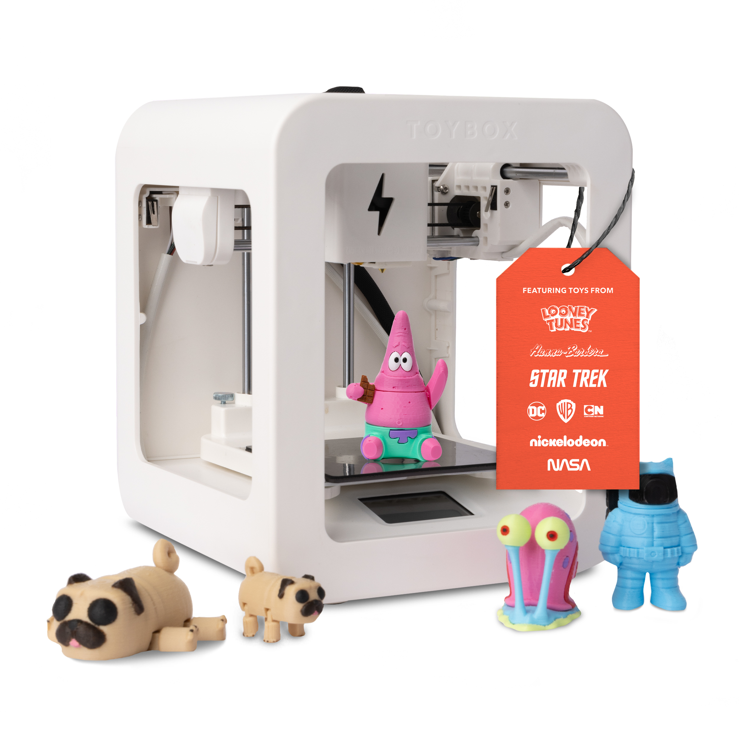 Stampante 3D Toybox con giocattoli stampati: Patrick Stella, due carlini, una lumaca e un robot.