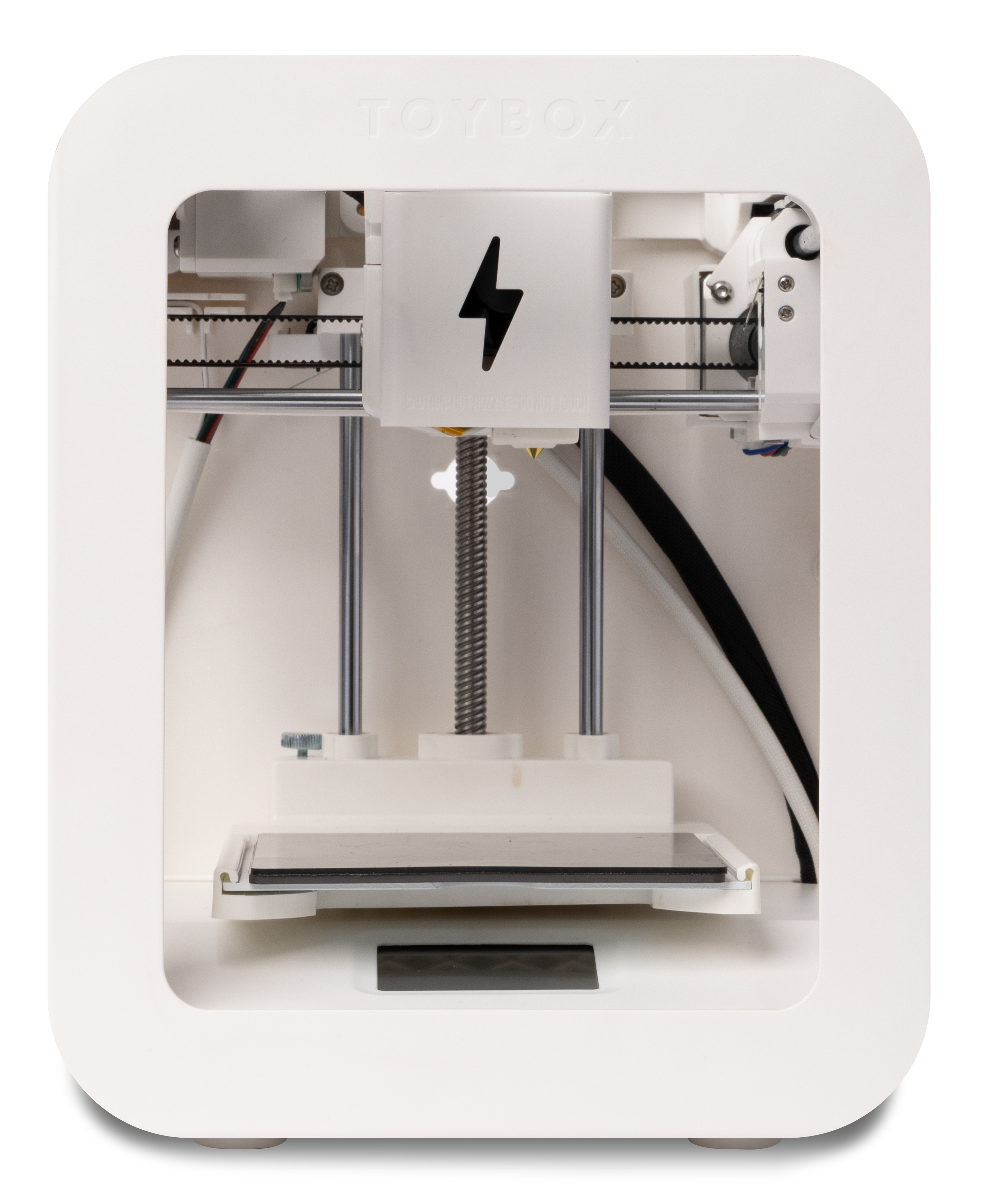 Stampante 3D bianca con un'icona a forma di fulmine nera. Telaio e componenti visibili.