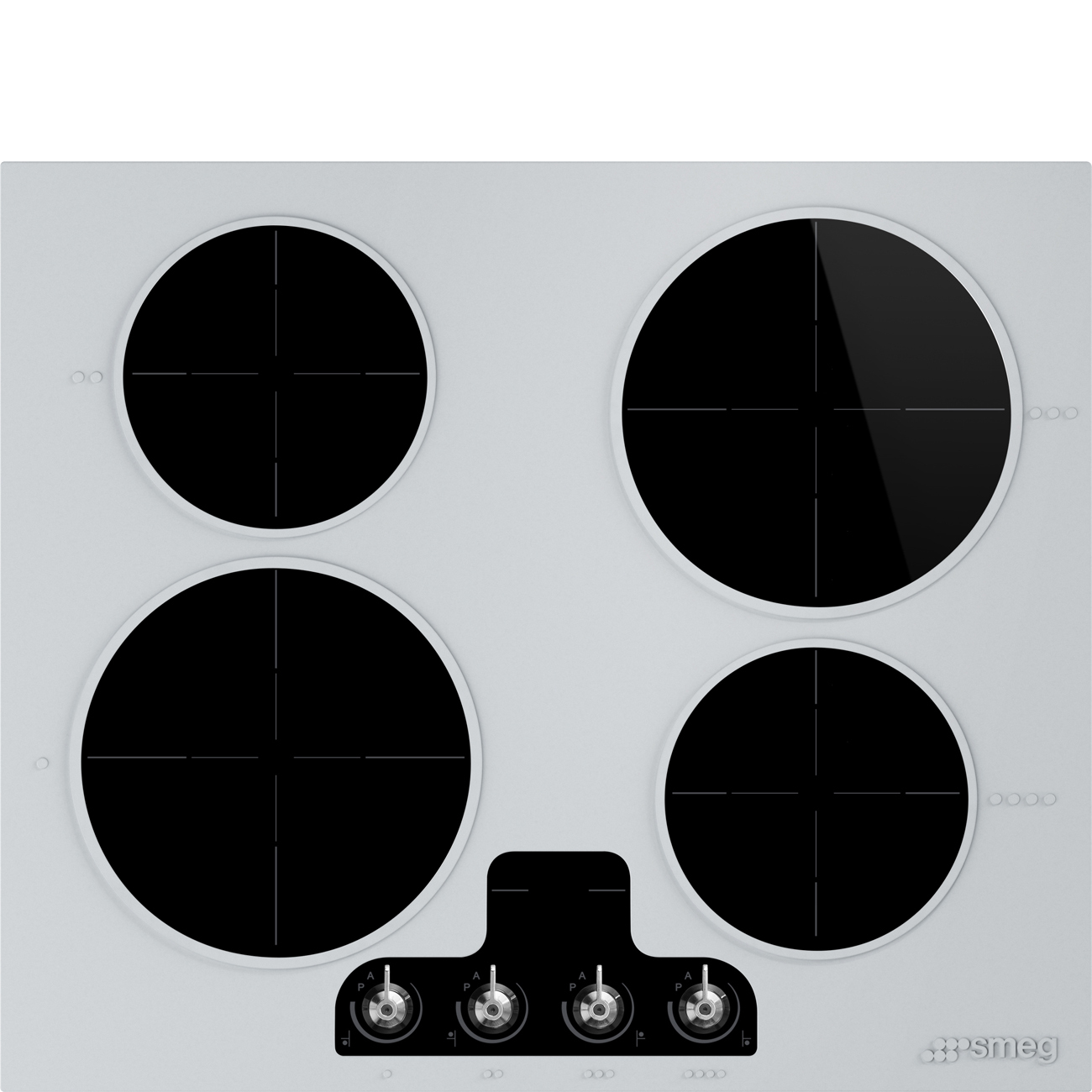 Una encimera gris con cuatro quemadores circulares negros y perillas de control. Se ve la marca Smeg.