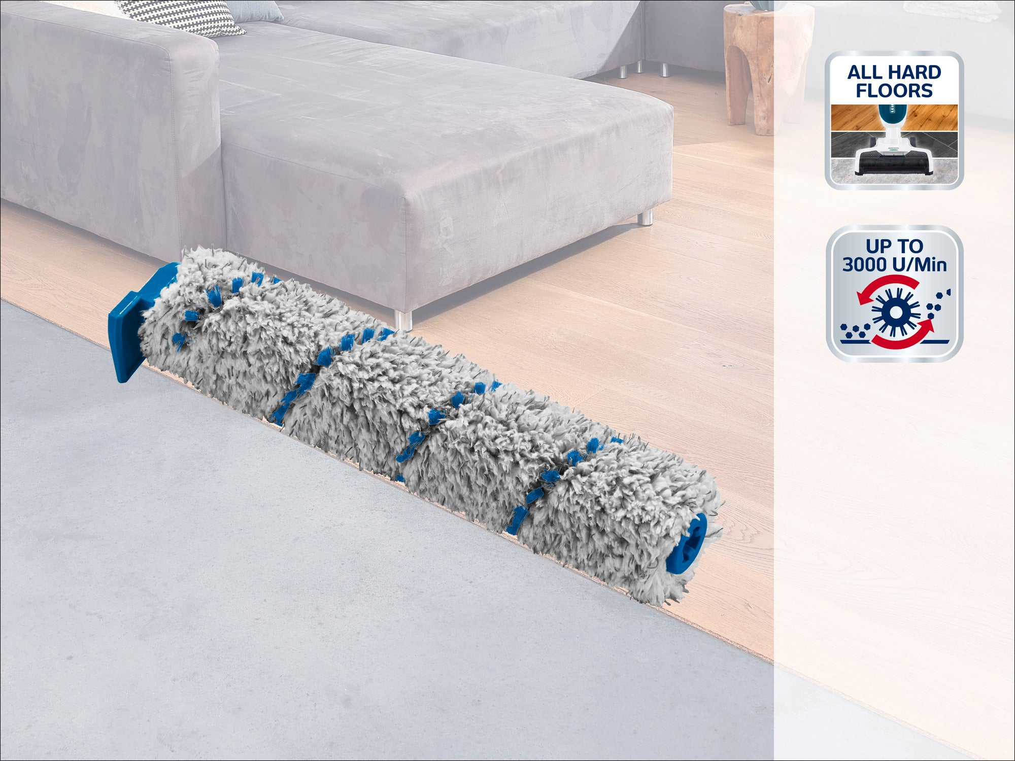 Szczotka rolkowa na podłodze z kanapą w tle. Ikony po prawej stronie.