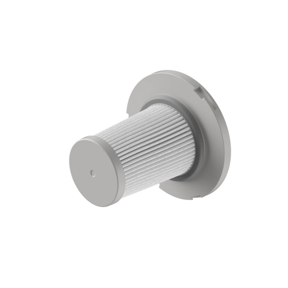 Biało-szary filtr, cylindryczny kształt, z okrągłą szarą podstawą na białym tle.