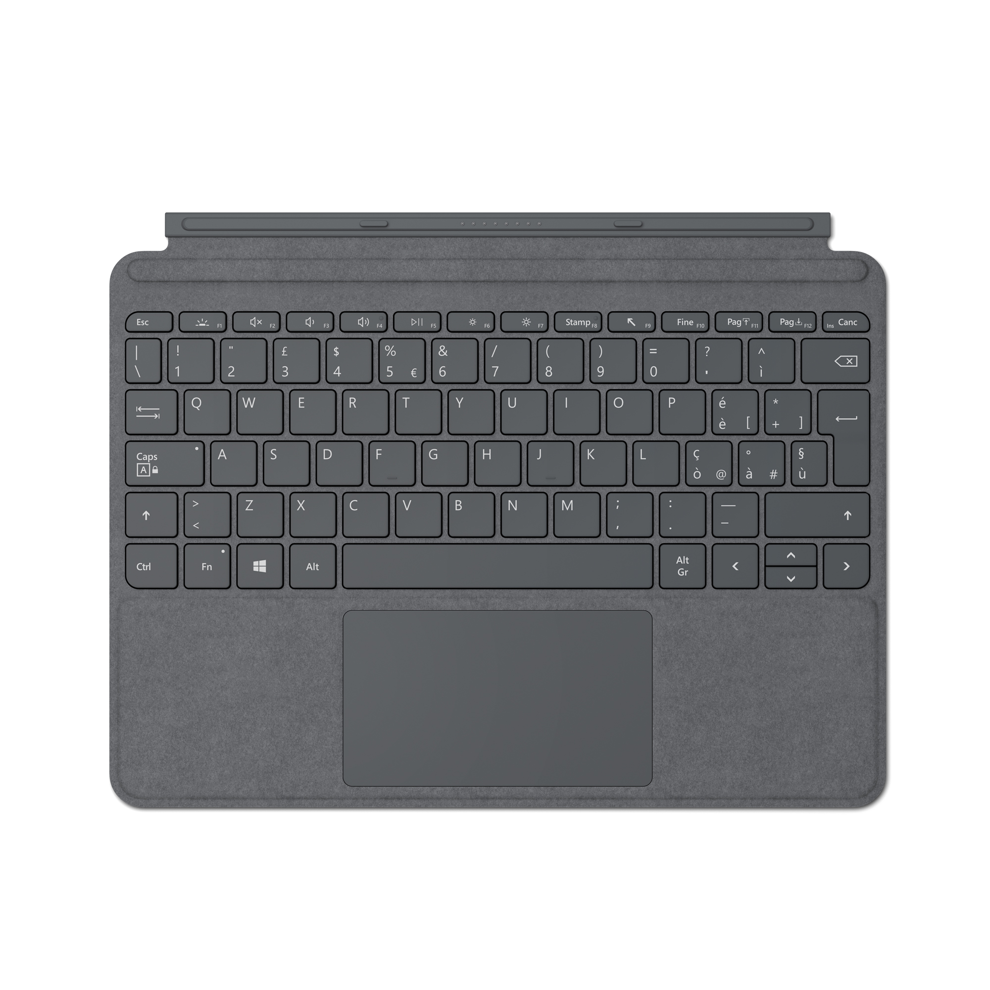 Szara osłona klawiatury. Widoczne klawisze, touchpad i klawisze funkcyjne. Litery białe.