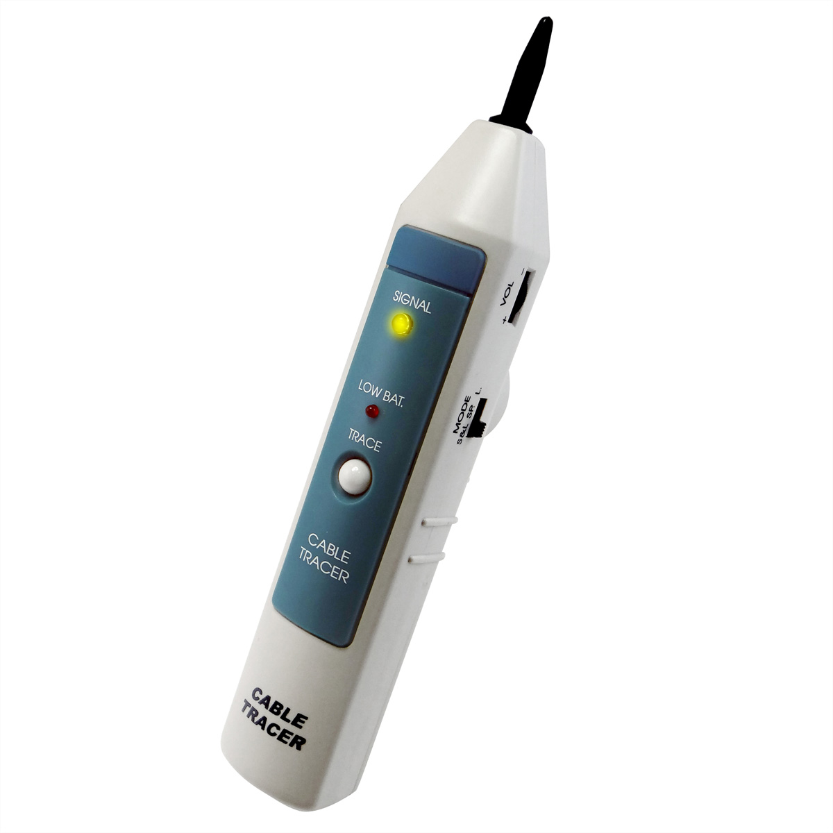 Biały tester kabli z przyciskami i lampką kontrolną. Białe tło.