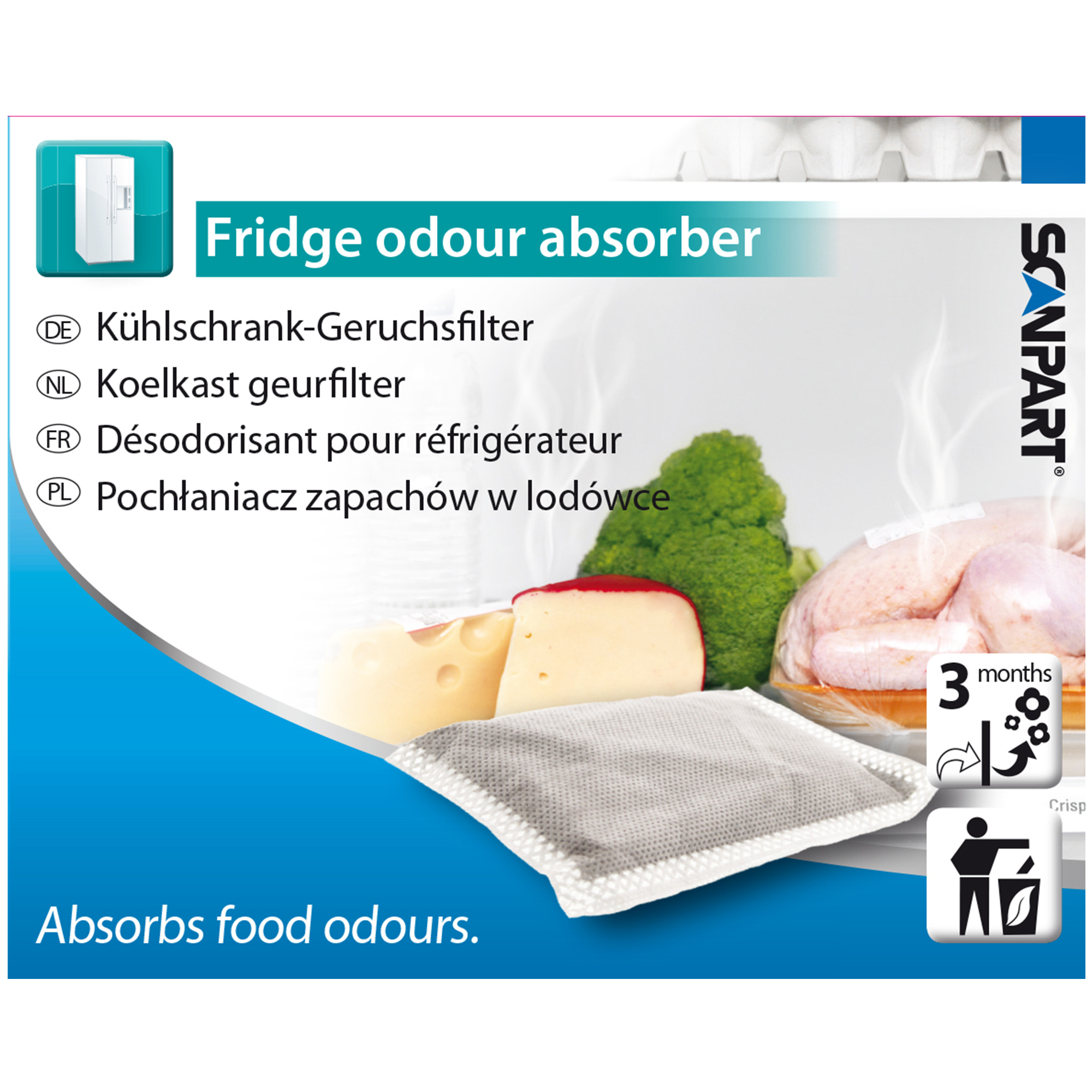 Weiße und blaue Box mit "Kühlschrank-Geruchsfilter"-Text, Bildern von Lebensmitteln und Symbolen. Markenname Scanpart.