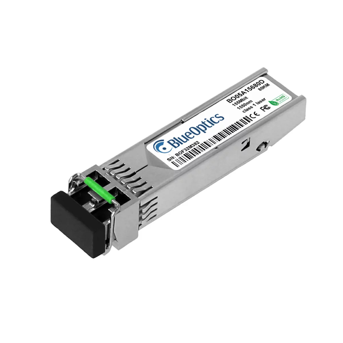 Silberner Netzwerk-Transceiver mit grünem Tab. BlueOptics-Logo. Weißer Hintergrund.