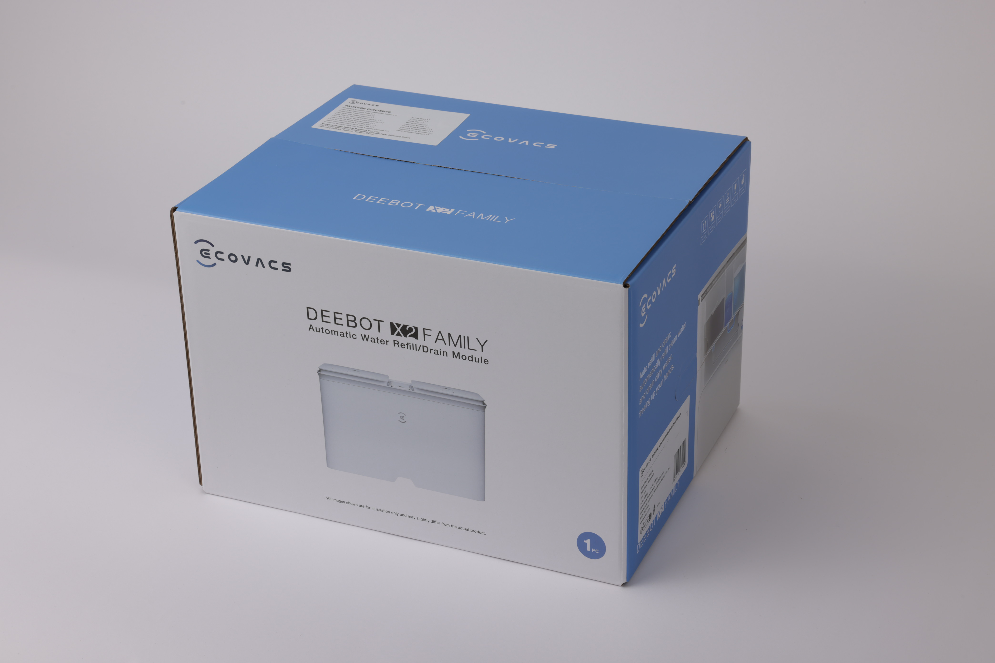 Eine blau-weiße Ecovacs Deebot X2 Family Box auf einer weißen Oberfläche.
