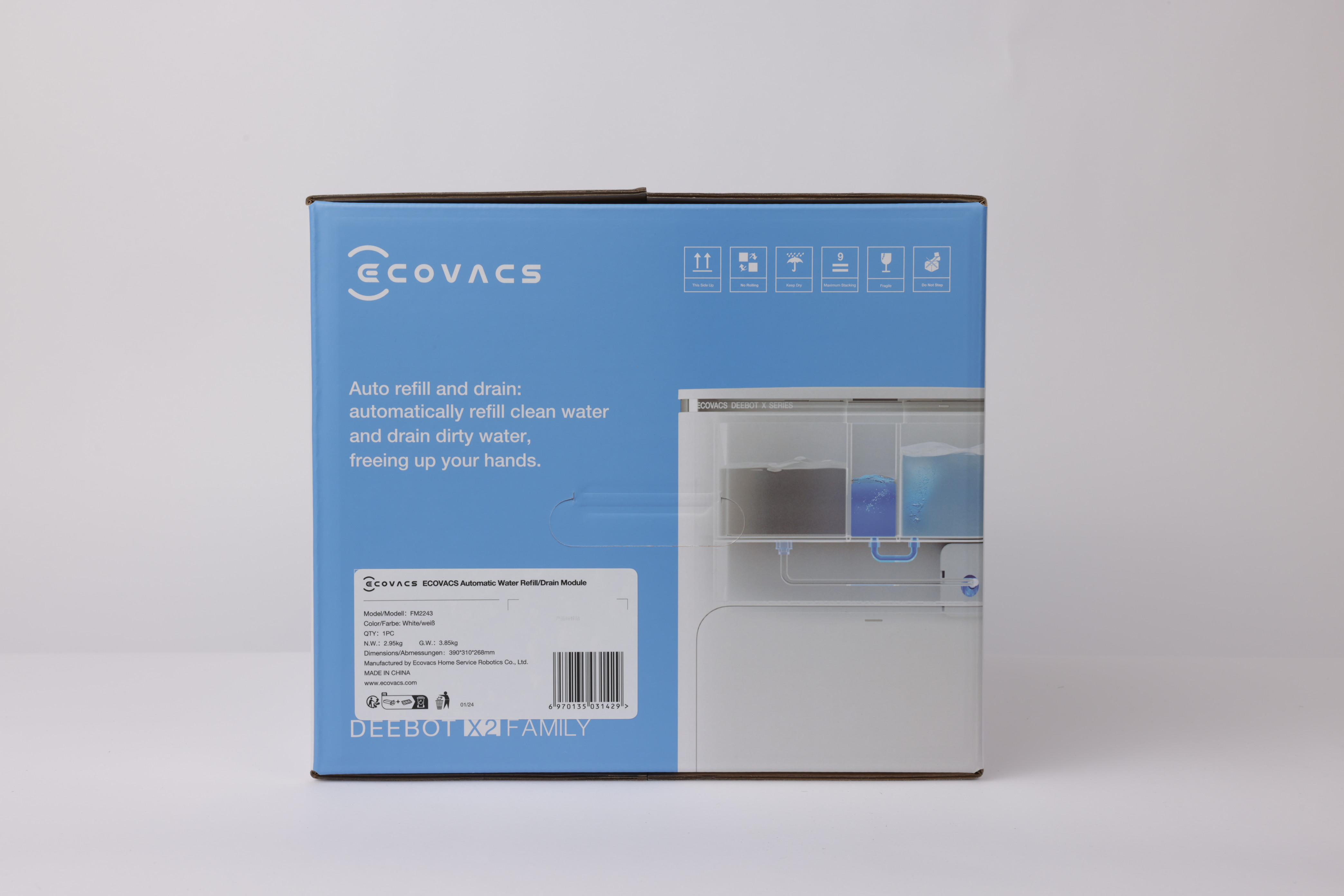 Die Rückseite einer Ecovacs Deebot X2 Family Box auf weißem Untergrund, zeigt das Produktdesign.